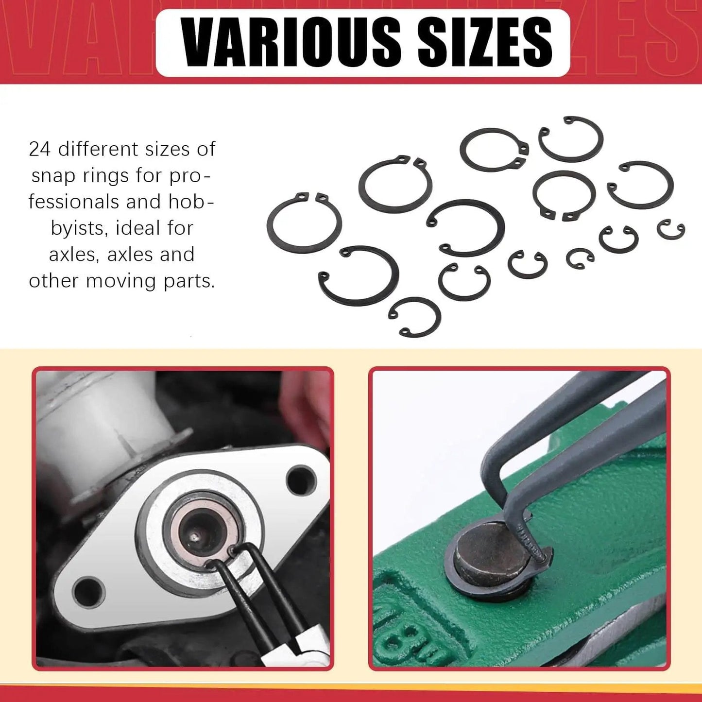 Pro Grade Alloy Steel External And Internal Retaining Ring Set 261 Pcs With 16 Sizes 4mm To 30mm Includes 4 In 1 Snap Ring Pliers And Wrist Pin Clips For DIY Repair Projects showing various sizes and pliers in use