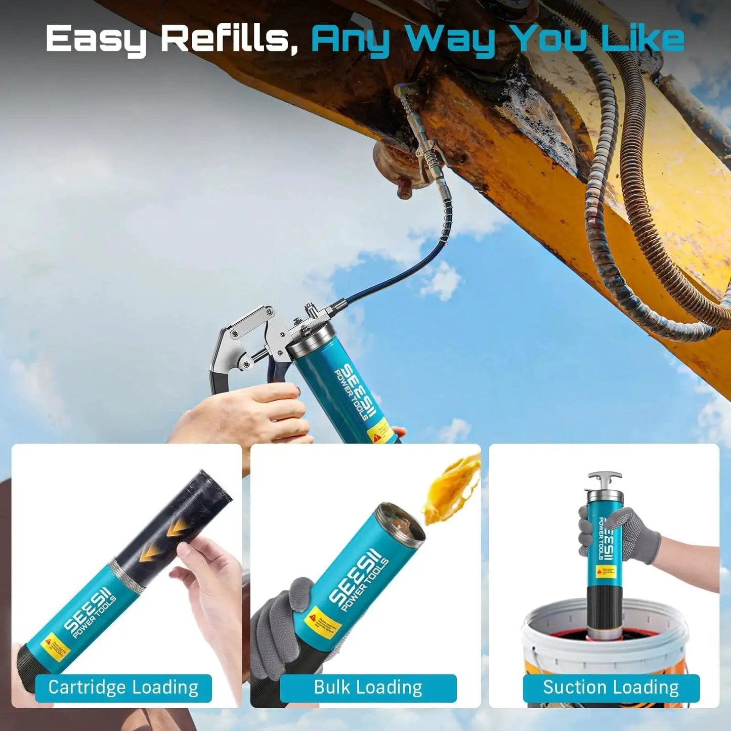 Heavy Duty 8000 PSI Pistol Grip Grease Gun Kit With 14 Ounces Capacity Quick Release Coupler 90 Degree Adapter Flexible Hose