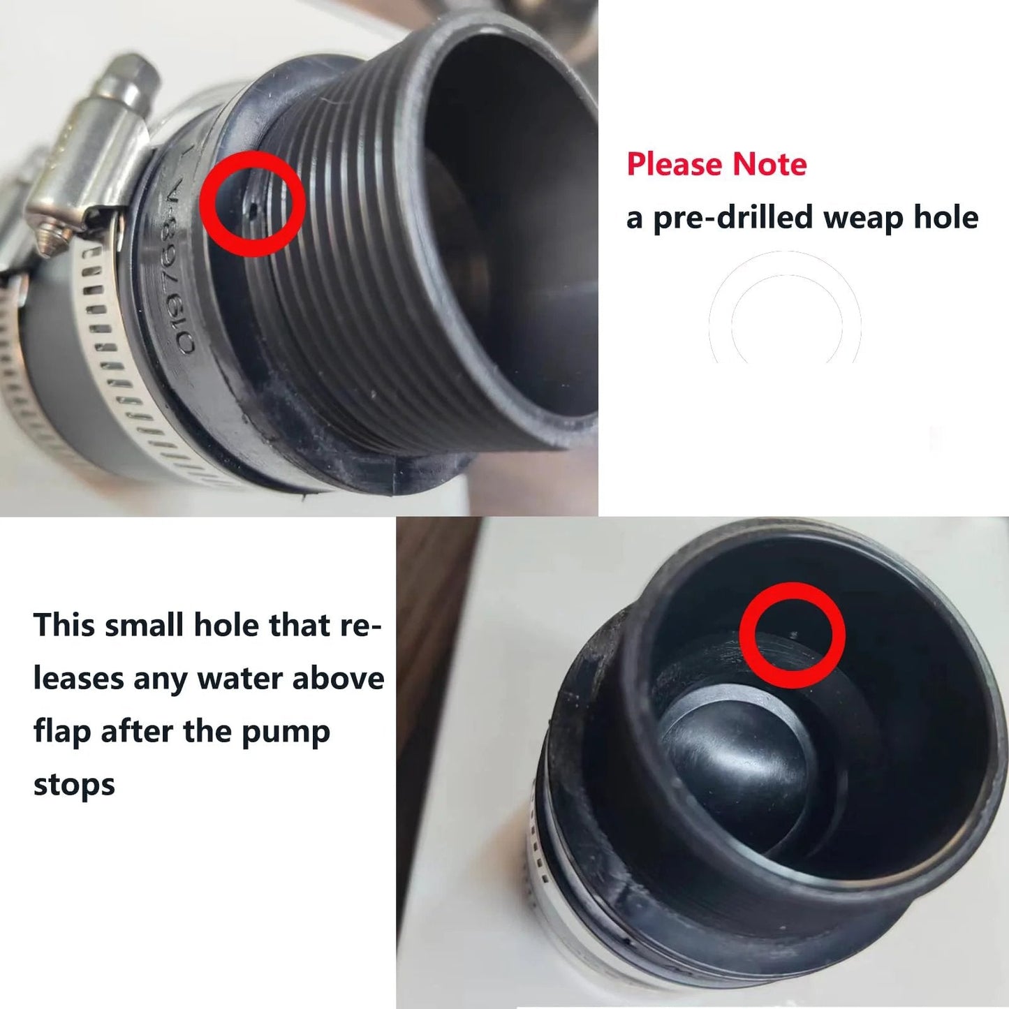 Close-up view of 1-1/2 Inch Inline Check Valve With Stainless Steel Clamps Model 30-0238 Black Garden Hose Pump Discharge Fitting, highlighting pre-drilled weep hole for vertical install.