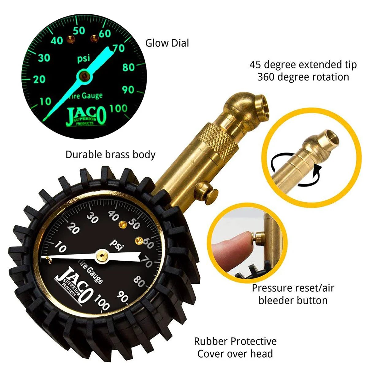 Professional Grade Tire Pressure Gauge With 100 PSI Reading, Mechanic Recommended, Calibrated To ANSI B40.1 Standards 1.5 Percent Variation, Battery Free, Built Tough In Rugged Brass For Cars Trucks And SUVs