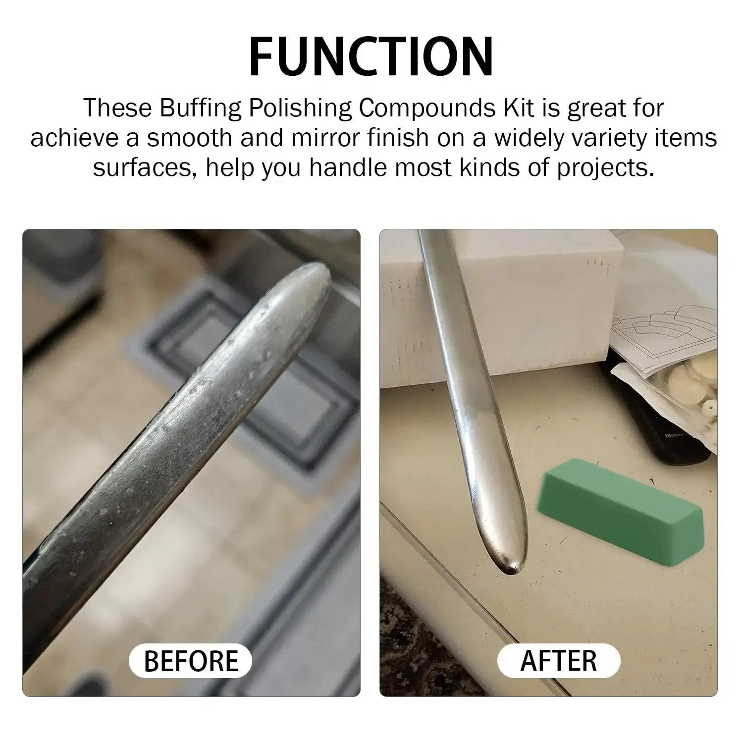 Buffing Polishing Compounds Kit 4 Oz Green Fine White Medium Red Coarse 3 Pack showing before and after polishing results
