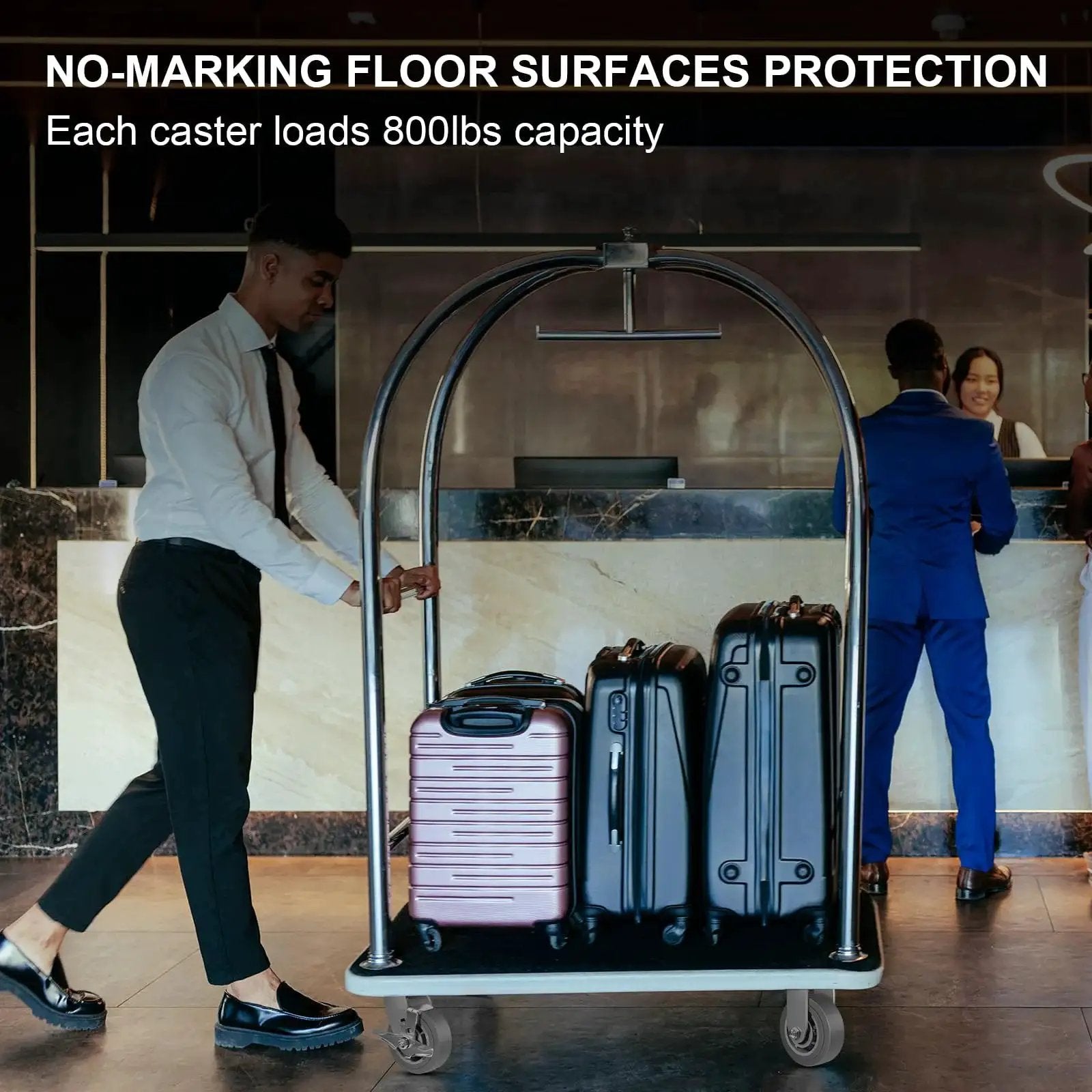 Hotel lobby with luggage cart on 5 Inch Heavy Duty Swivel Caster Wheels Set Of 4 For Carts Industrial Use With Thermoplastic Rubber Wheels