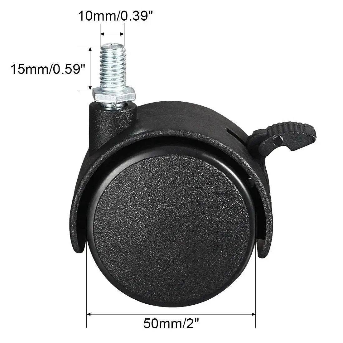 Front view of 2 Inch Nylon Swivel Casters With Brake Twin Wheel Set For 360 Degree Rotation M10 By 15mm Threaded Stem 115 Lb Total Capacity