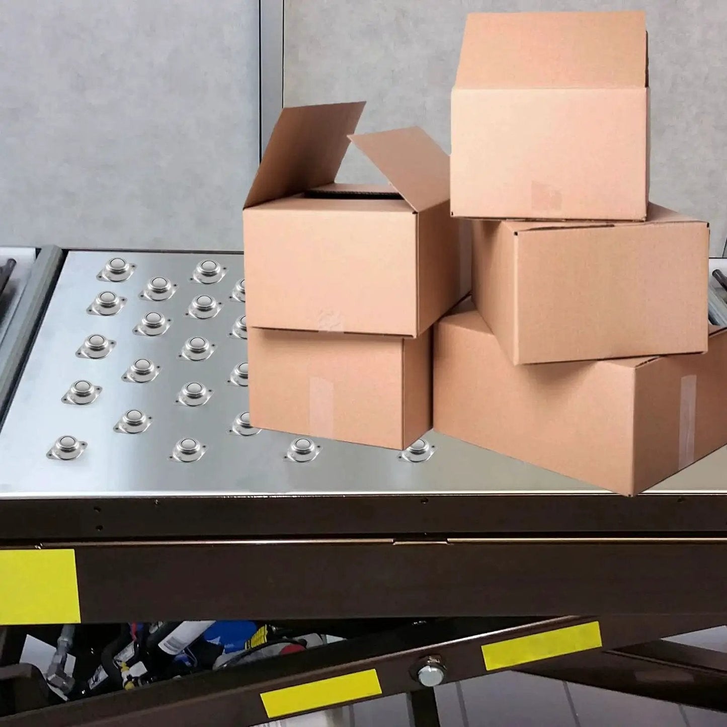 Boxes on conveyor with Eight Pcs 1 Inch Ball Transfer Bearings Set Nylon Conveyor Ball Rollers with 360 Degree Rotation