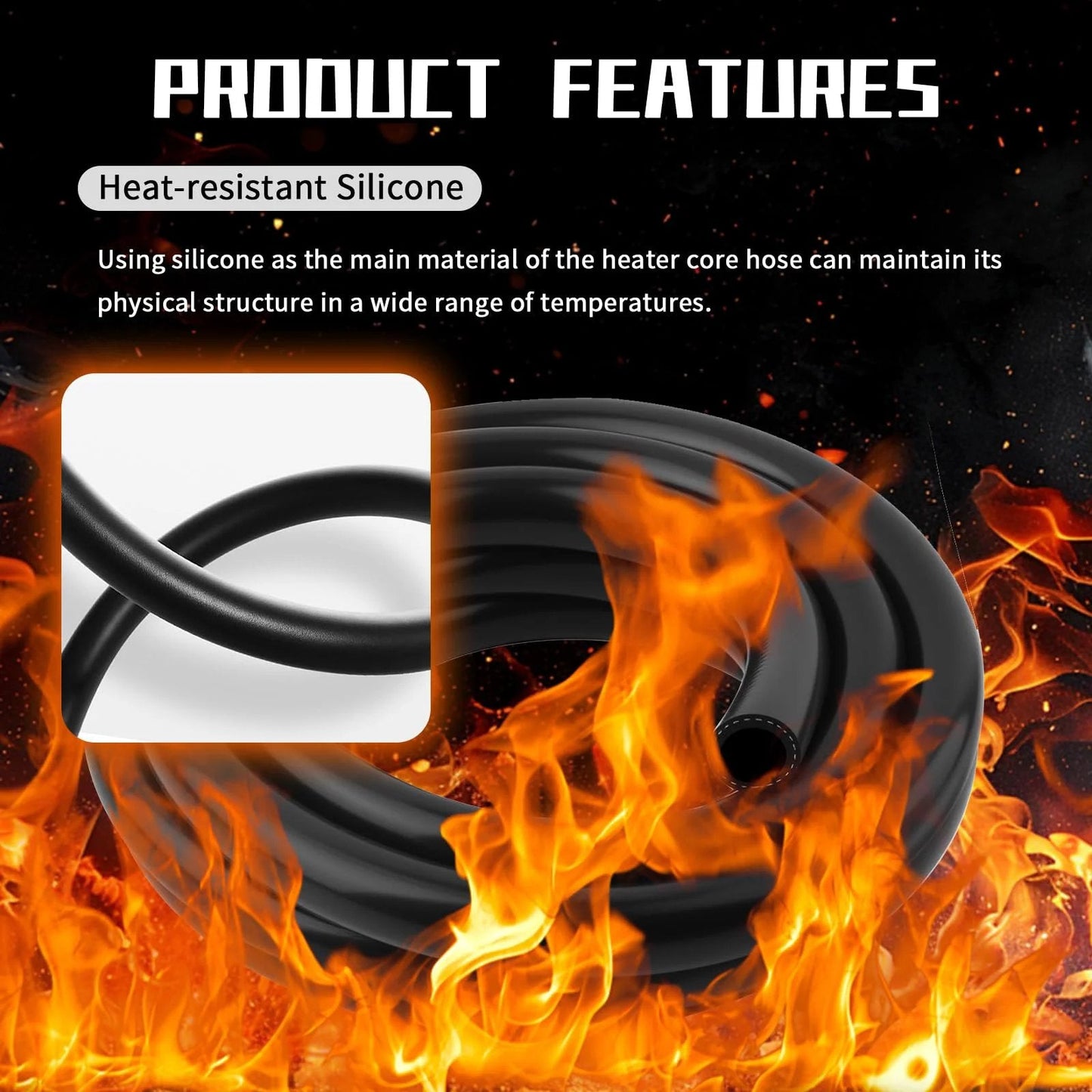 Flexible Silicone Heater Hose 9.84 Ft Long, Five Eighths Inch ID 16mm And 24mm OD, cuttable coolant hose shown coiled with flames