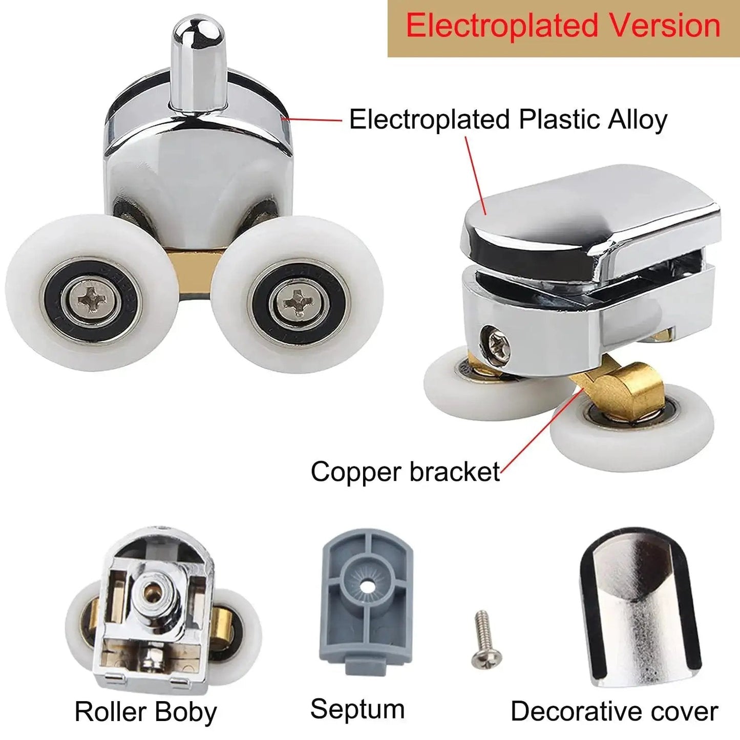 8 Piece Shower Door Rollers Set With 25mm Sliding Door Wheels For Curved Glass Doors parts including wheels, copper bracket, and screws.