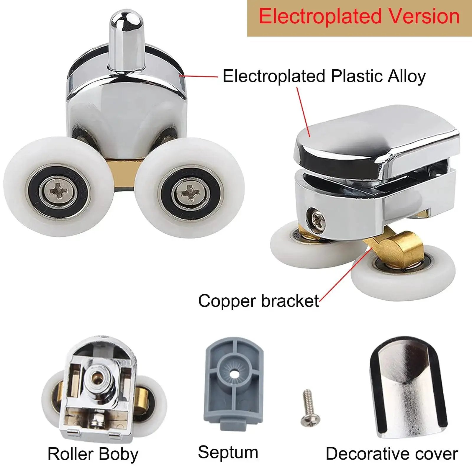 8 Piece Shower Door Rollers Set With 25mm Sliding Door Wheels For Curved Glass Doors parts including wheels, copper bracket, and screws.