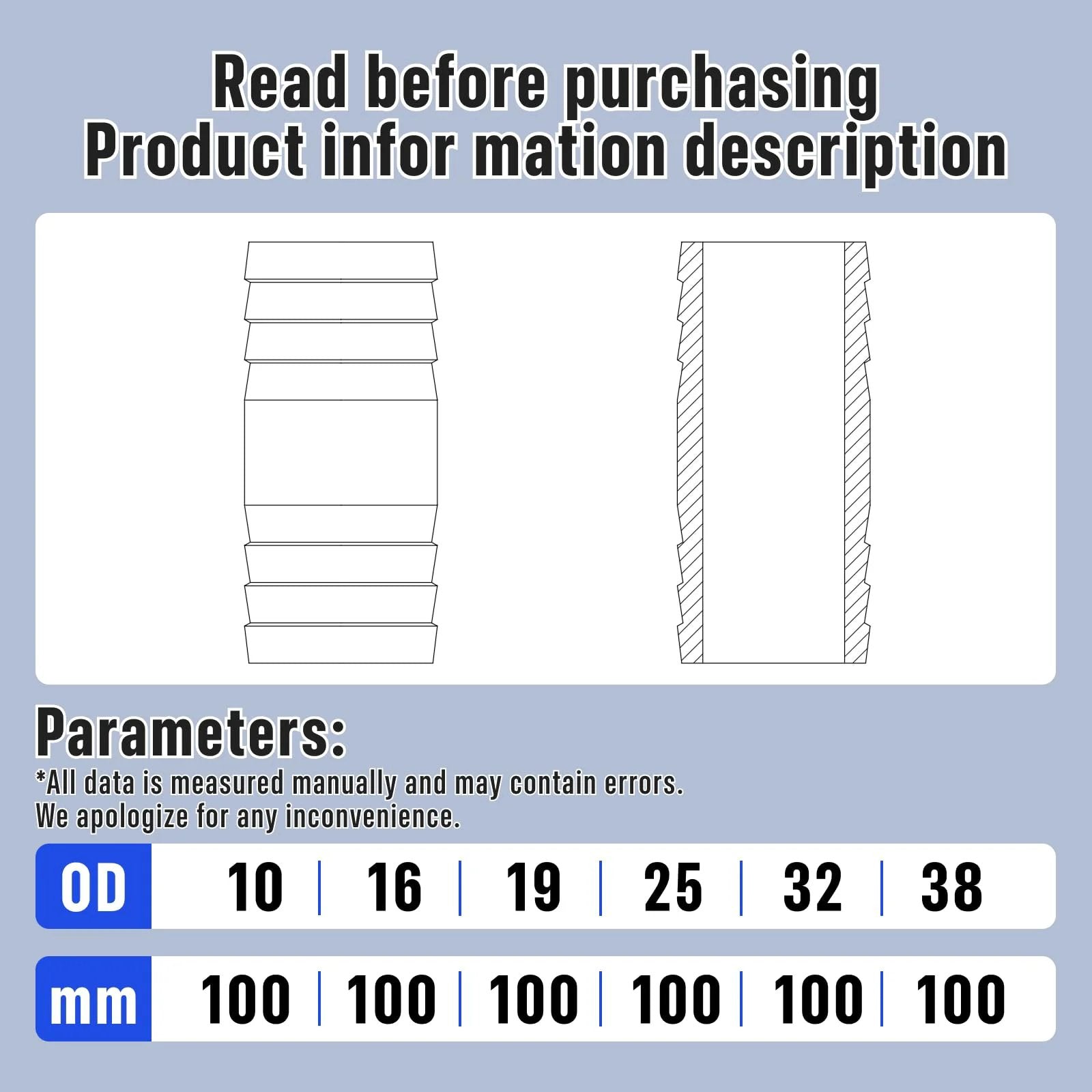 Technical diagram of 2 Pack Three Quarter Inch Hose Barb Fittings 4 Inch Long 304 Stainless Steel Sanitary Barbed Splicer Mender Union Couplers