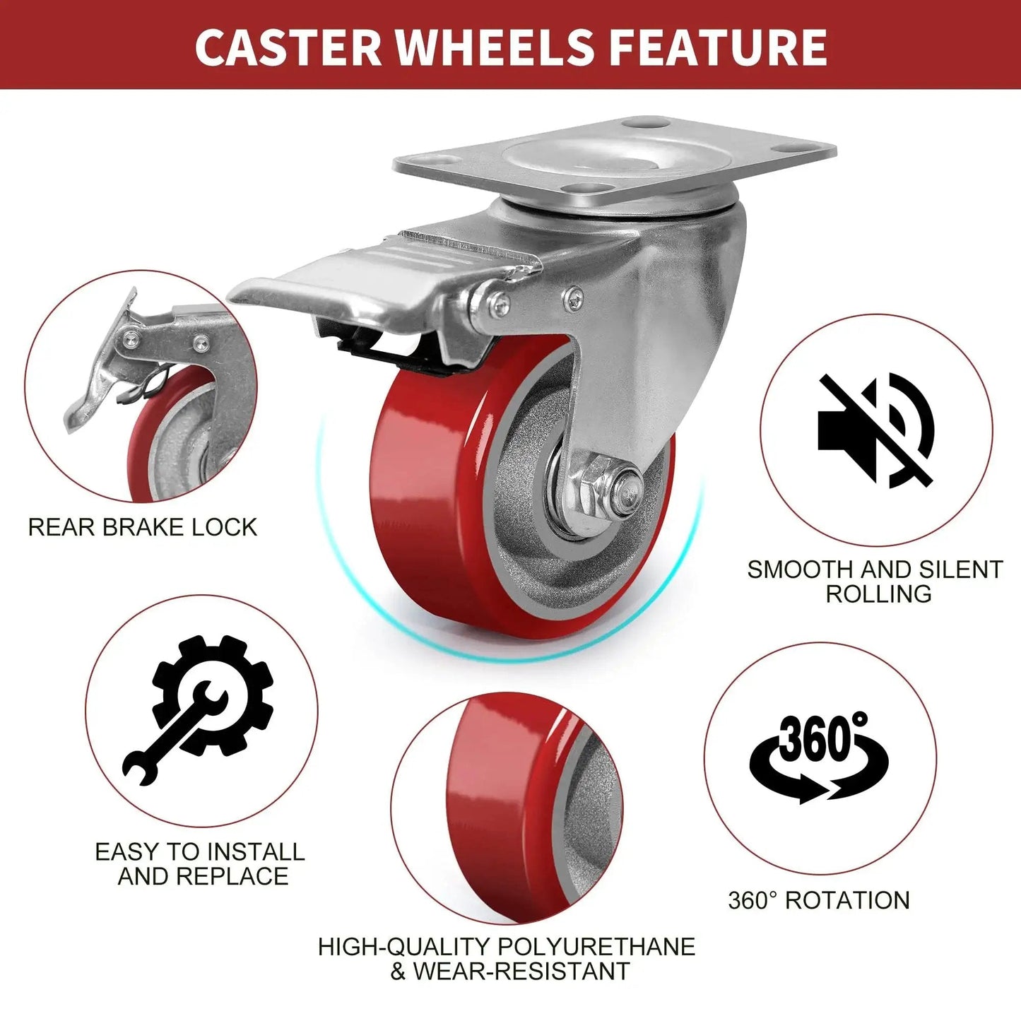 3 Inch Heavy Duty Swivel Caster Wheels with Brakes, Polyurethane on Steel Wheels, showing features like brake and 360-degree rotation.