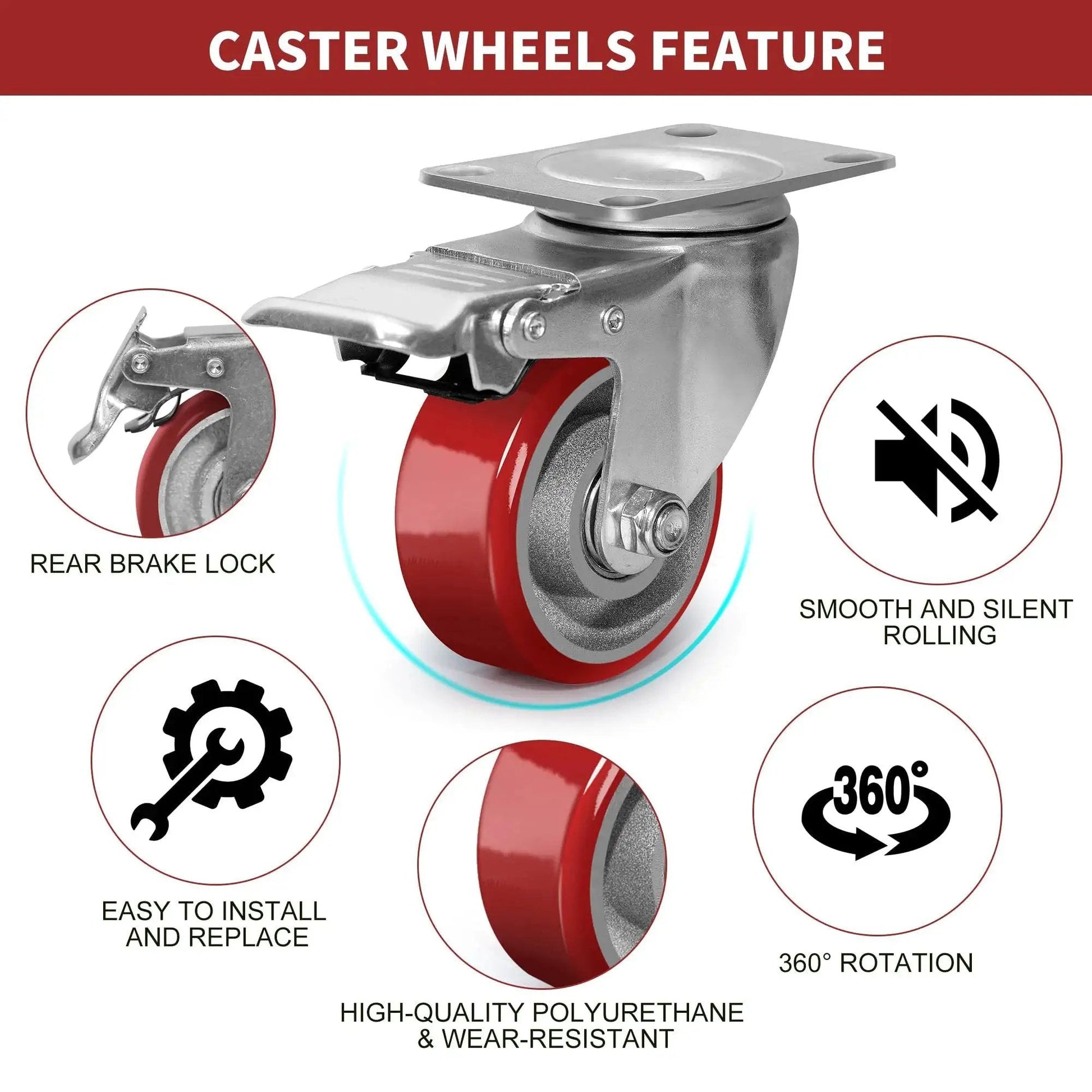 3 Inch Heavy Duty Swivel Caster Wheels with Brakes, Polyurethane on Steel Wheels, showing features like brake and 360-degree rotation.