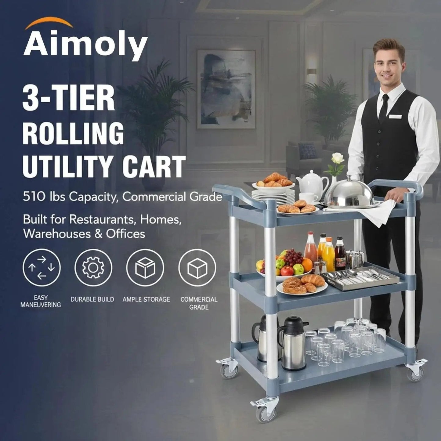 Three Tier Rolling Utility Cart On Wheels With 510 Lbs Capacity And Four Lockable Swivel Casters in a restaurant setting