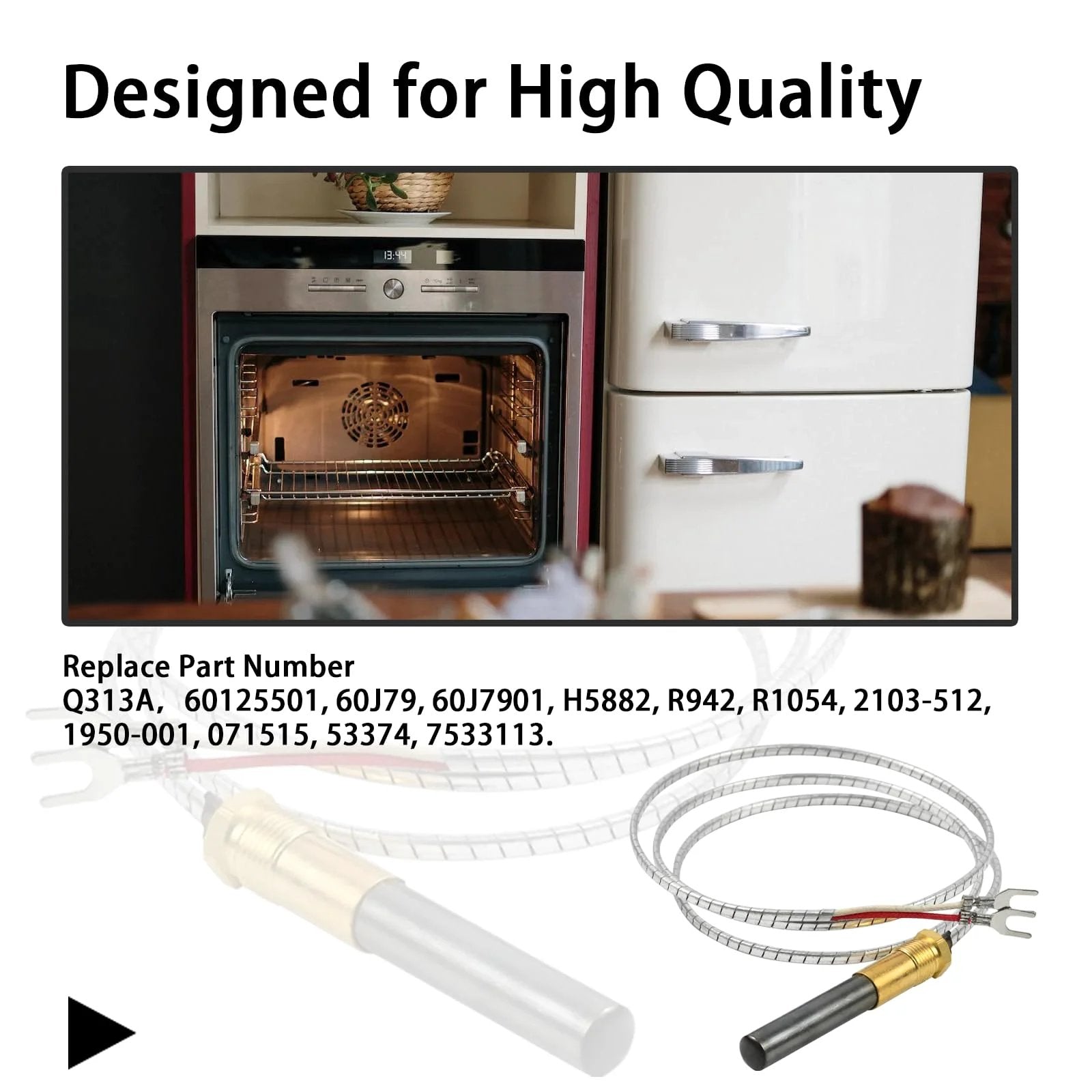 Thermopile Assembly 36 Inch for HVAC Pros Robertshaw 1950-001 with PG9 adapter and multicolored cable, shown with open oven.