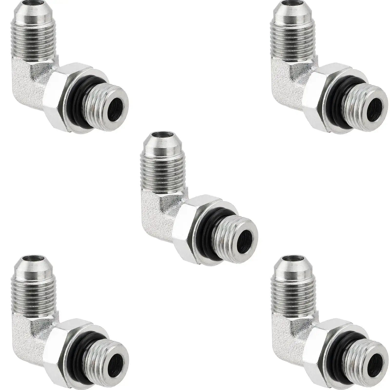 Five Pack 90 Degree Elbow Hydraulic Hose Fittings Three Eighths Inch JIC 37 Degree Male To SAE ORB Male End Connectors With Protection Cover