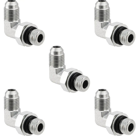 Five Pack 90 Degree Elbow Hydraulic Hose Fittings Three Eighths Inch JIC 37 Degree Male To SAE ORB Male End Connectors With Protection Cover