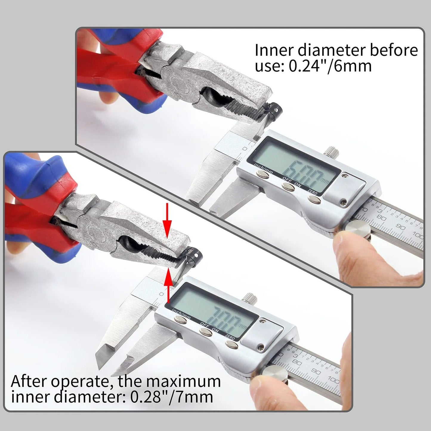 Close-up of pliers measuring hose clamps showing 6mm to 7mm size in 40 Pack Spring Band Hose Clamps Kit One Quarter Inch ID 6mm Band Clamp Black For Fuel Line Water Pipe Air Tube Silicone Hose Fits Six Point Five To Seven Point Two Millimeter Outer Diameter All Purpose Automotive Grade.