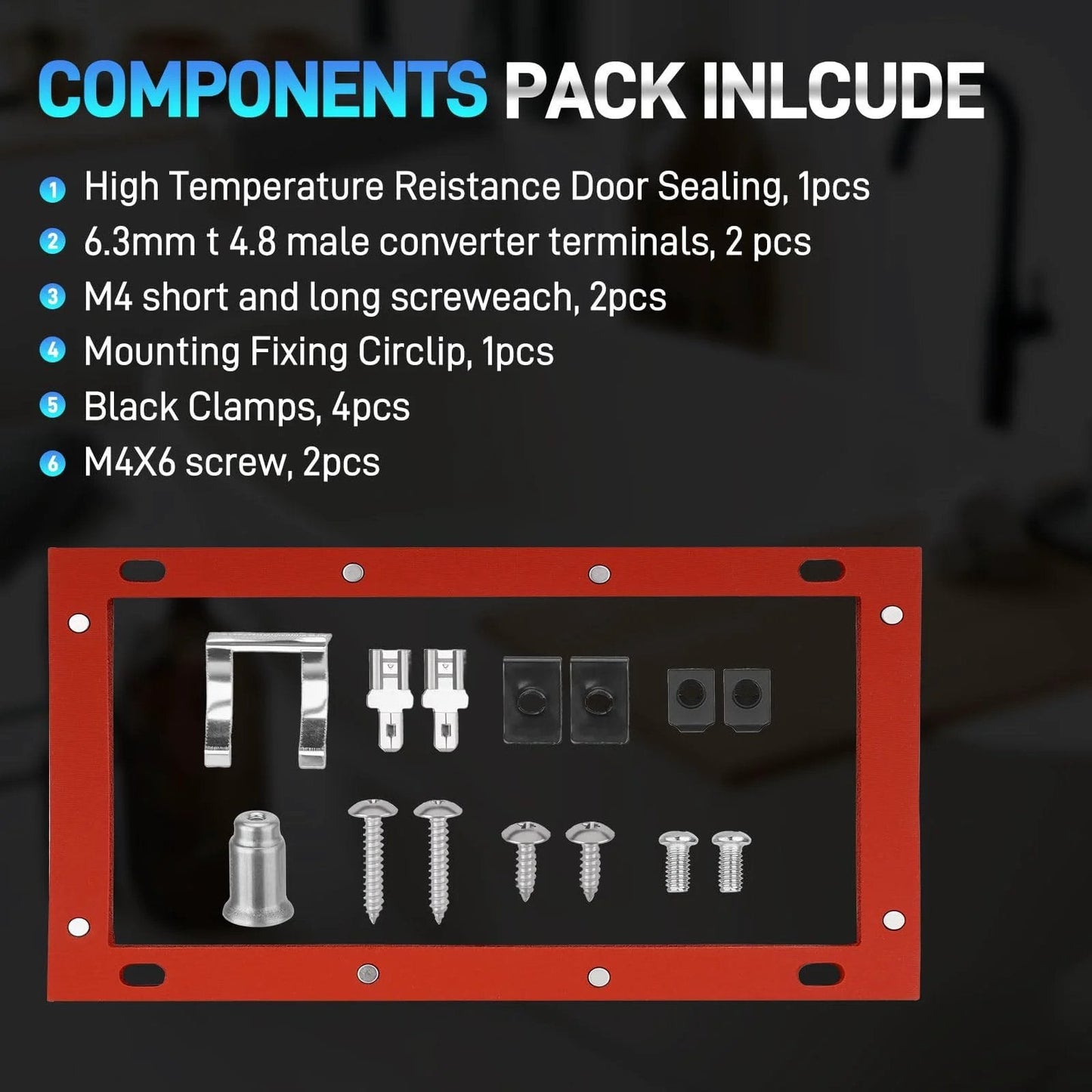 Components pack including door sealing, terminals, screws, and clamps with detailed description.