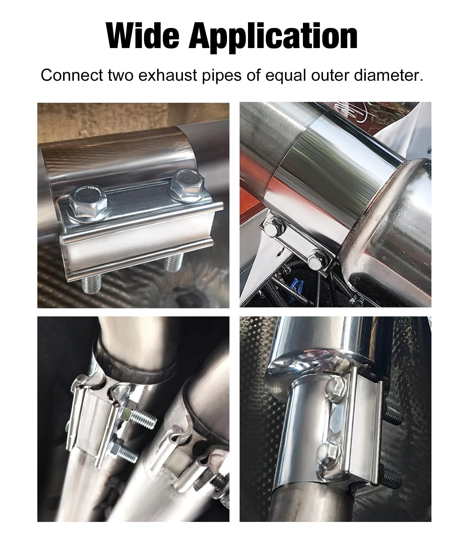Two Point Five Inch Exhaust Clamp For Pipes Mufflers And Catalytic Converters Stainless Steel 304 Heavy Duty Butt Joint Band Clamp Sleeve Coupler One Piece Easy Install No Welding By Evil Energy connecting exhaust pipes in various angles showing wide application.