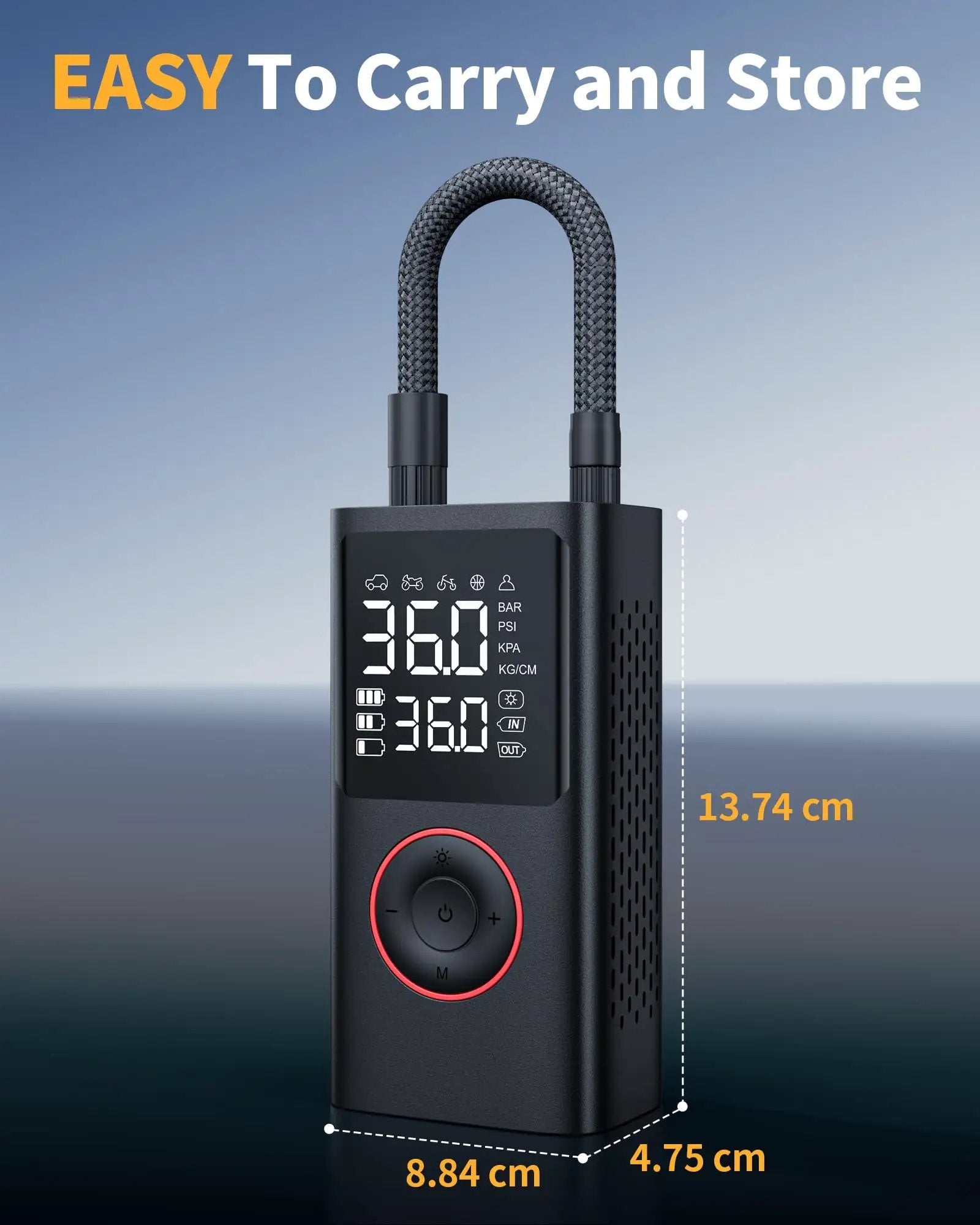 Portable Tire Inflator 150 PSI Cordless Air Compressor With Pressure Gauge And LED Light Mini Pump for car, showing clear digital display and compact design.