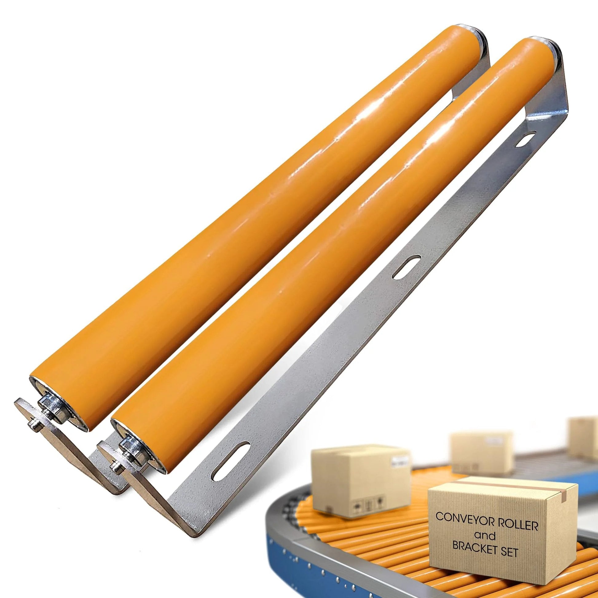 Heavy Duty Polyurethane Coated Conveyor Rollers With Brackets For Carts And Trolleys Two Pack Smooth Glide Ultimation Industries One And A Half Inch Diameter Roller With Nine And Seven Sixteenths Inch Tube And Ten Inch Between Frame For Material Handling, shown with box set and mounted on conveyor.