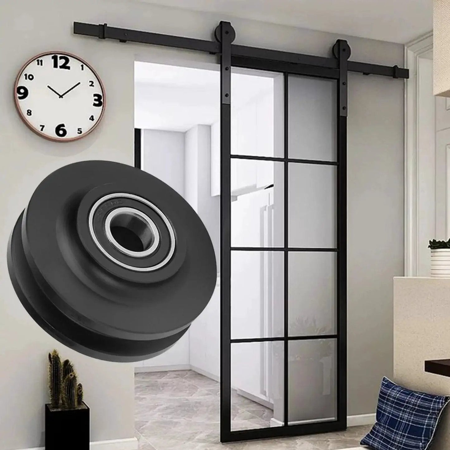 Heavy Duty Sliding Barn Door Wheel Set for Cabinets and Windows, Quiet Smooth Roller Pulleys, Durable Zinc Alloy and Nylon Wheels, Sliding Door Track Hardware Kit, DIY Barn Door Accessory, 4 Pieces. Visible: Door with roller close-up.