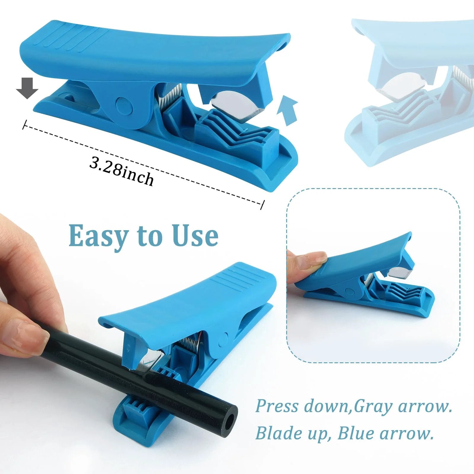 Blue hose cutter from Six Piece 4.9 Ft Silicone Vacuum Hose Kit With Tube Cutter For Automotive Air And Water Lines, showing dimensions and use.