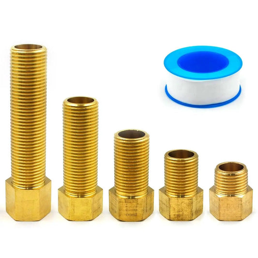 Five Pack Half Inch Brass Extension Adapter Set With Half Inch Male To Female Nipple Fittings and Sealing Tape