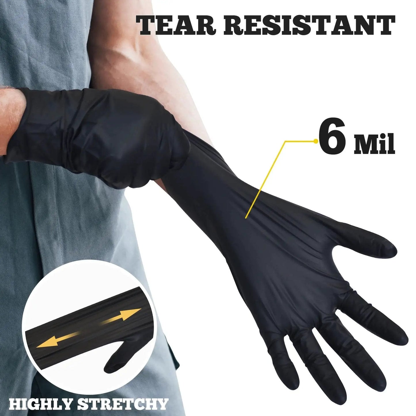 Person wearing Heavy Duty Nitrile Exam Gloves 6 Mil Black XL 100 Count Latex Free For Food Prep, showing tear-resistant material.