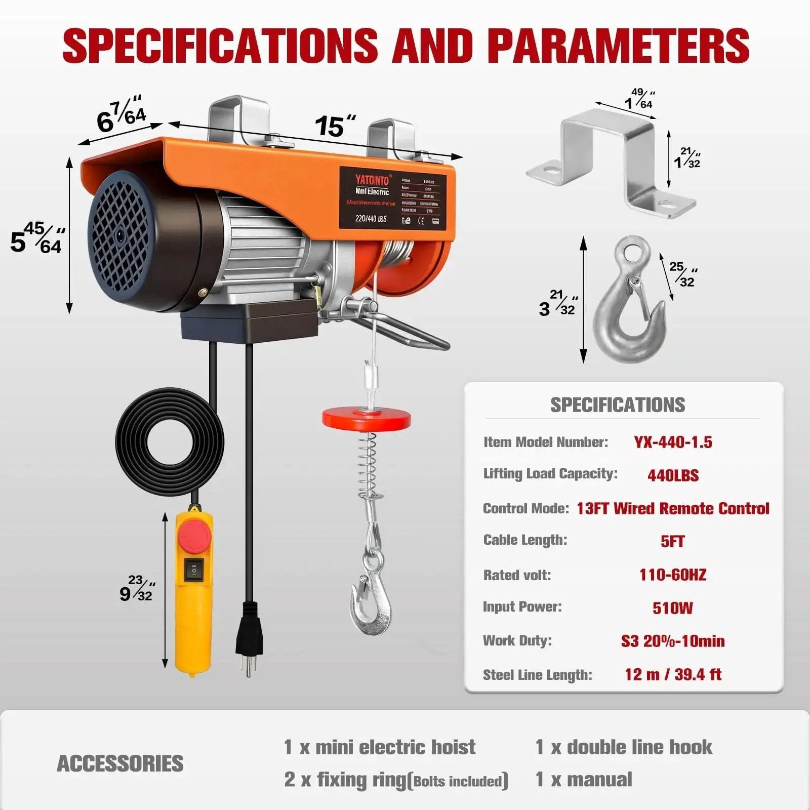 Specifications of 440 Lbs Electric Hoist With Remote Control 510W Winch 39.4 Ft Lift For Garage