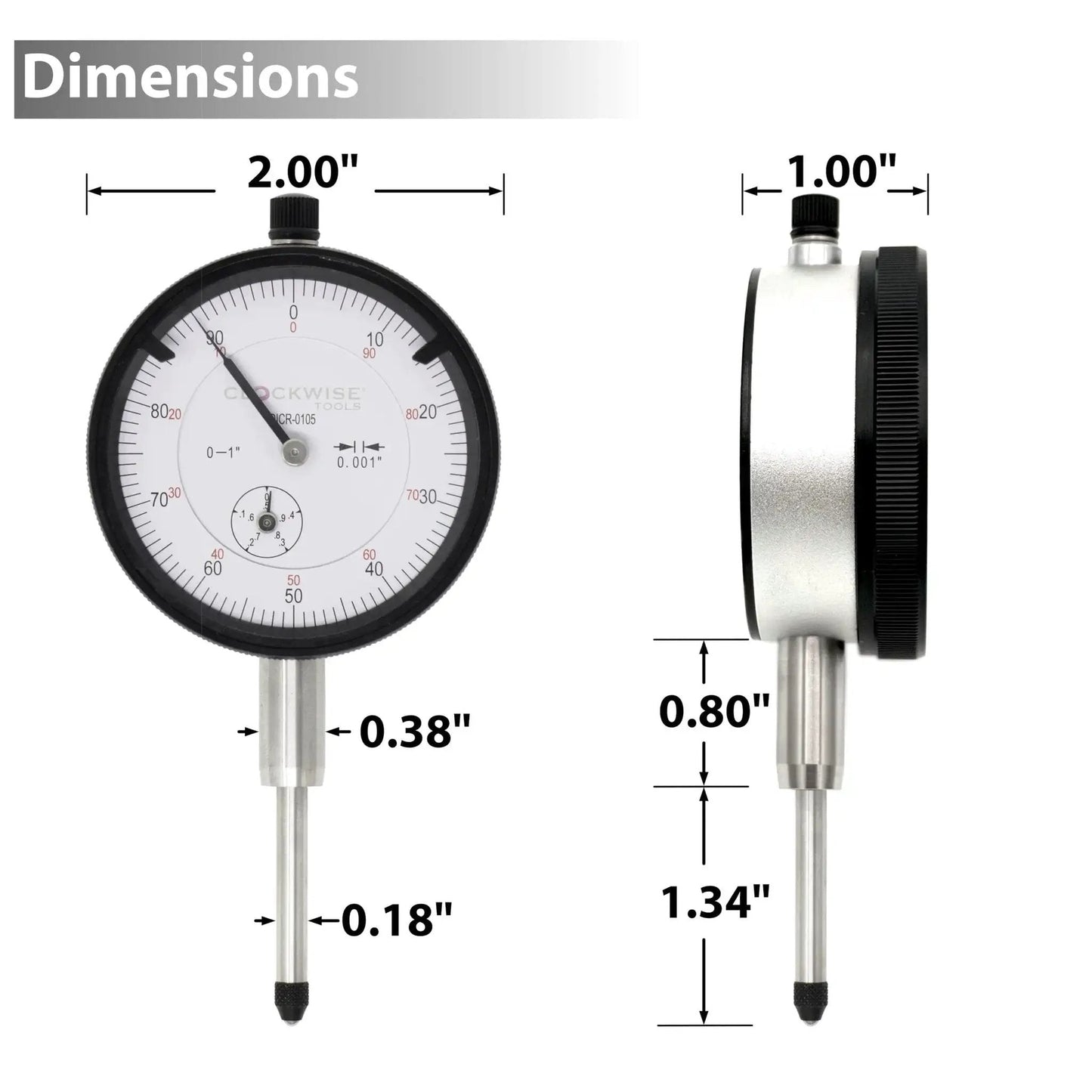 Accurate Dial Indicator With Magnetic Base Stand 0 To 1 Inch Range And 0.001 Inch Resolution DIMR-0105, front and side views with dimensions.