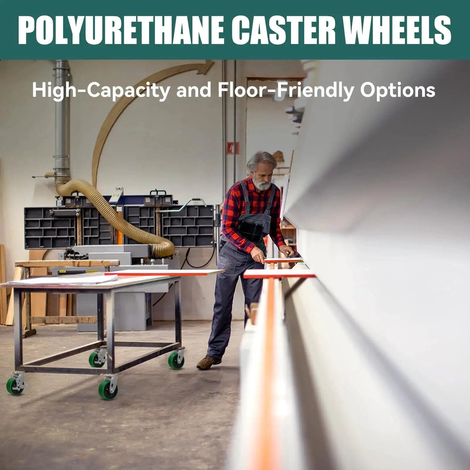5 Inch By 2 Inch Industrial Heavy Duty Cast Iron Caster Set Of 4 With Polyurethane Tread Non Marking Green Wheels used in workshop