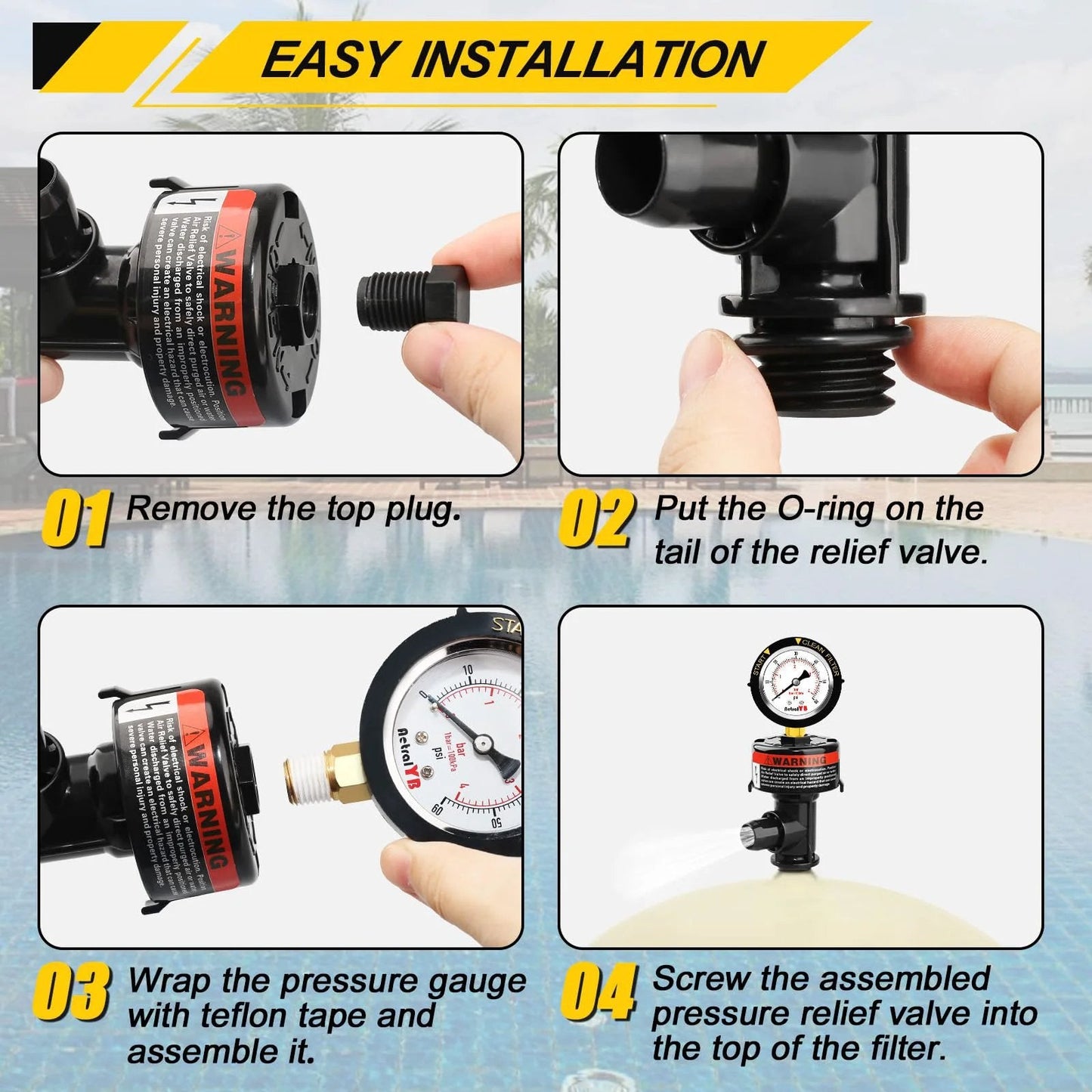 Image showing installation steps for Manual Pool Filter Air Relief Valve With Waterproof Stainless Steel Pressure Gauge.