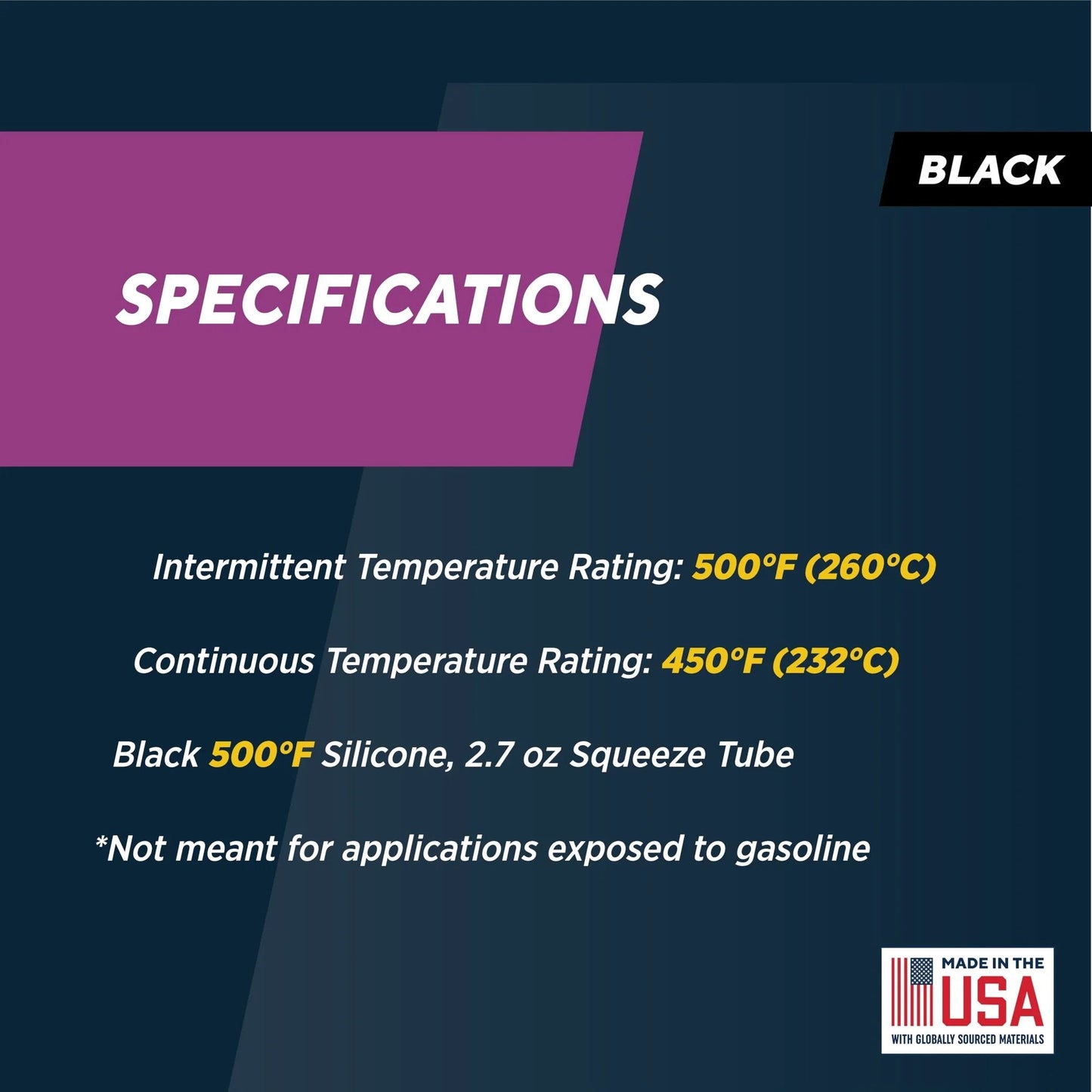 Specifications for Rutland USA Made high temp silicone sealant, 500°F rating, 2.7 oz squeeze tube, black, not gasoline resistant.