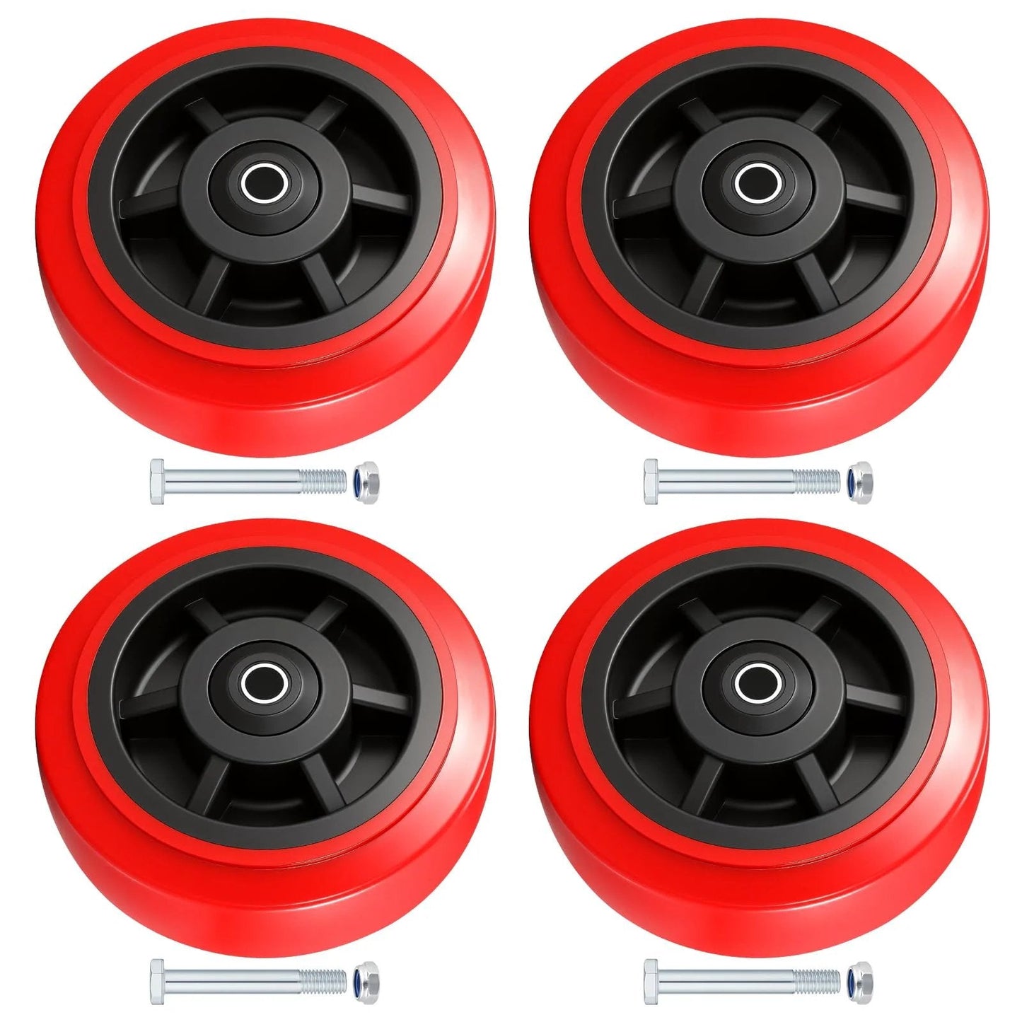 6 Inch Polyurethane Caster Wheel Set Of Four Heavy Duty Load Capacity 4000 Lbs With Dual Ball Bearings For Flatbed Carts And Trolleys Replacement Wheels 2 Inch Wide 50mm Bore 0.5 Inch For Smooth Floor Safe Mobility