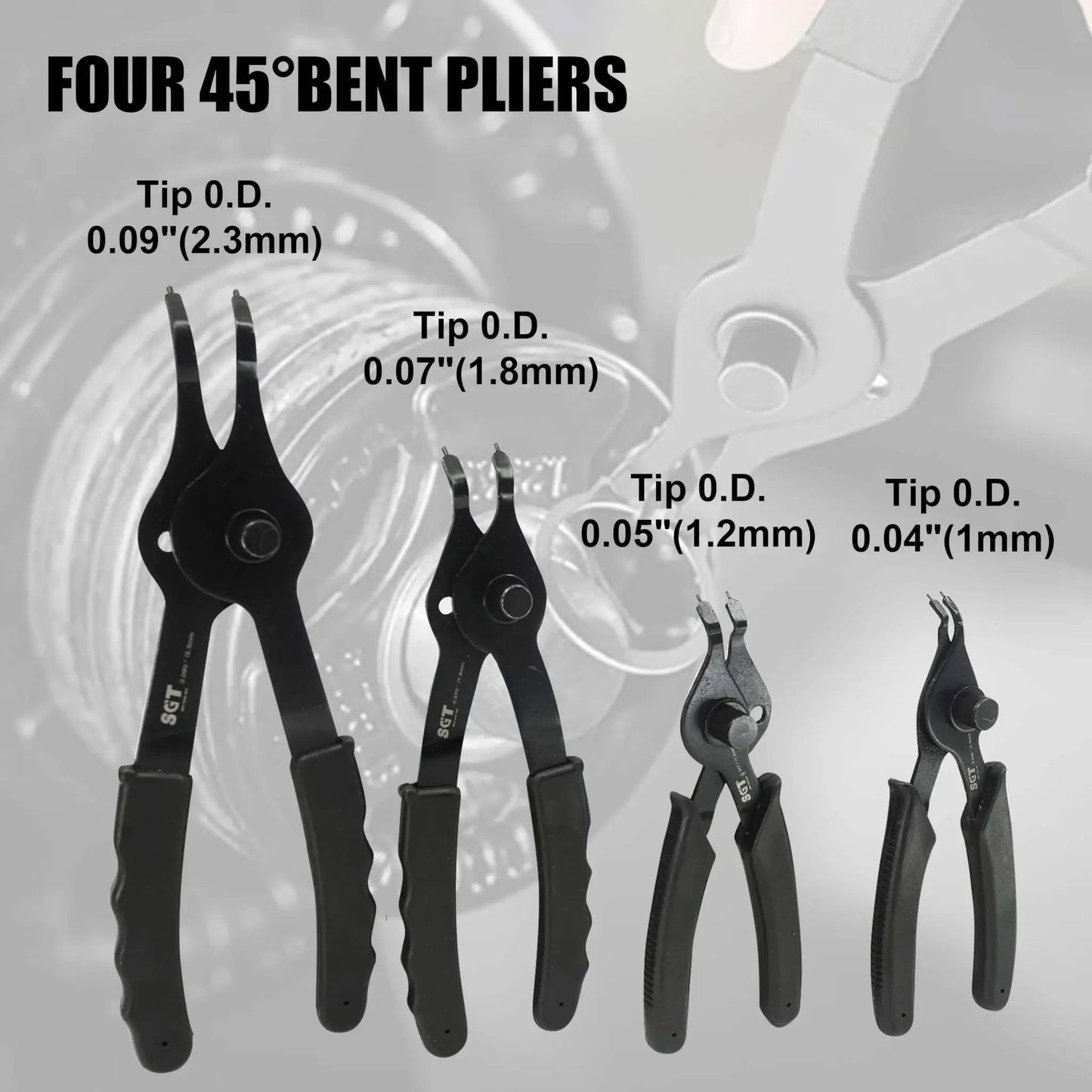Four 45° bent pliers from a 14 Piece Snap Ring Pliers Set With Internal And External Circlips Pliers Including 45 Degree Bent 90 Degree Bent And Straight Pliers Hook And Pick Pro Grade Heavy Duty Removal Tool With Storage Case And Gloves For Easy Ring Removal, showing different tip sizes.