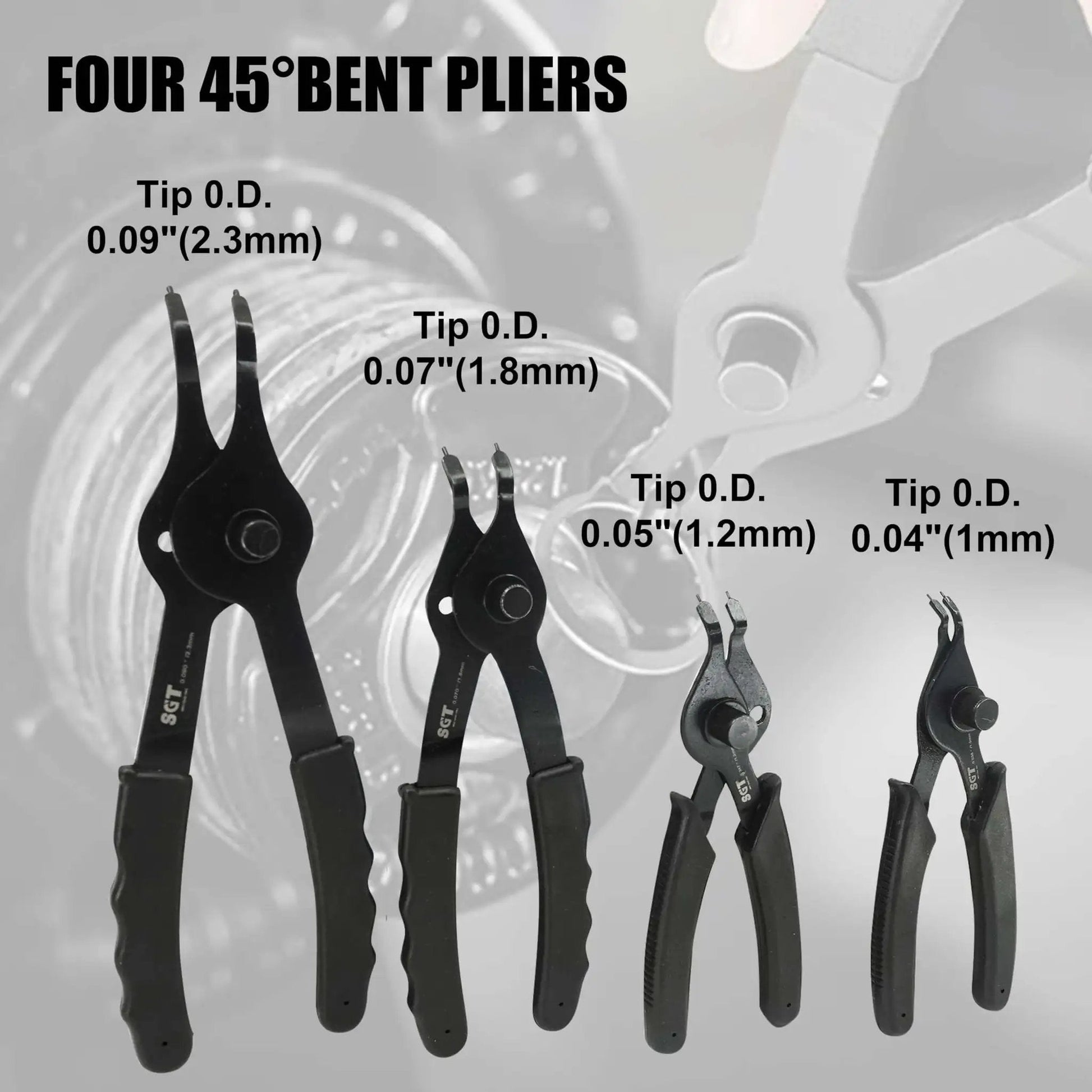 Four 45° bent pliers from a 14 Piece Snap Ring Pliers Set With Internal And External Circlips Pliers Including 45 Degree Bent 90 Degree Bent And Straight Pliers Hook And Pick Pro Grade Heavy Duty Removal Tool With Storage Case And Gloves For Easy Ring Removal, showing different tip sizes.