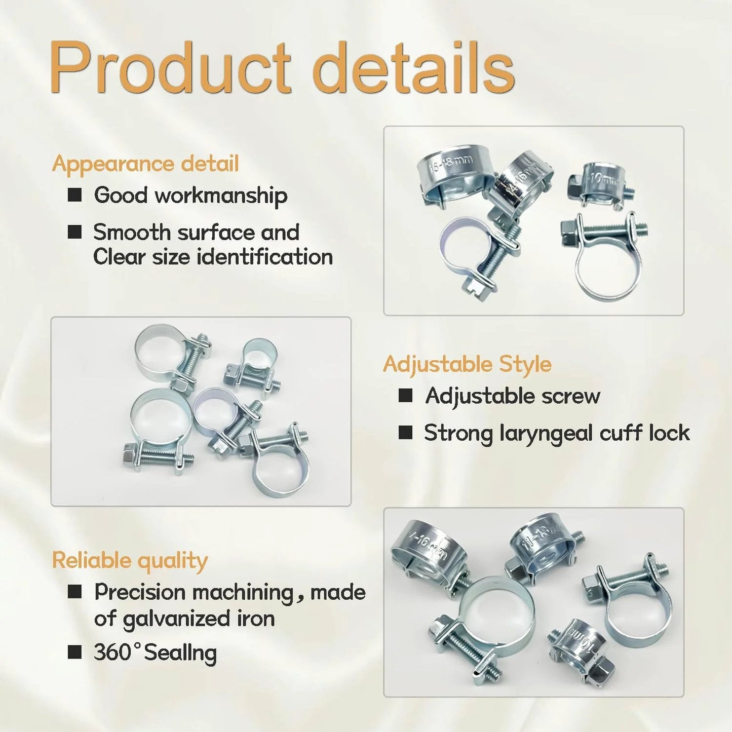 34 Piece Fuel Injection Hose Clamp Kit For Auto Diesel Petrol Engines DIY Friendly Range Eight To Eighteen Millimeter Zinc Plated Rust Resistant Hose Clamp Set details image showing zinc plated clamps and features.