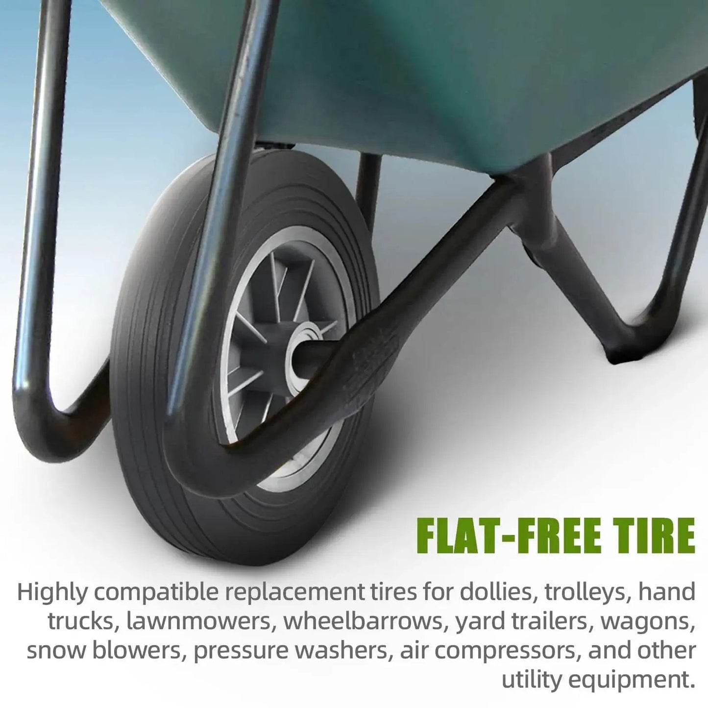 Two Pack 10 Inch Flat Free Solid Rubber Tire And Wheel Assembly Fits Half Inch Three Quarter Inch And Five Eighth Inch Axles With A 2.23 Inch Offset Hub 2 Inch Wide Tire Replacement Wheel for Dolly Hand Trucks and Wheelbarrows attached to wheelbarrow.