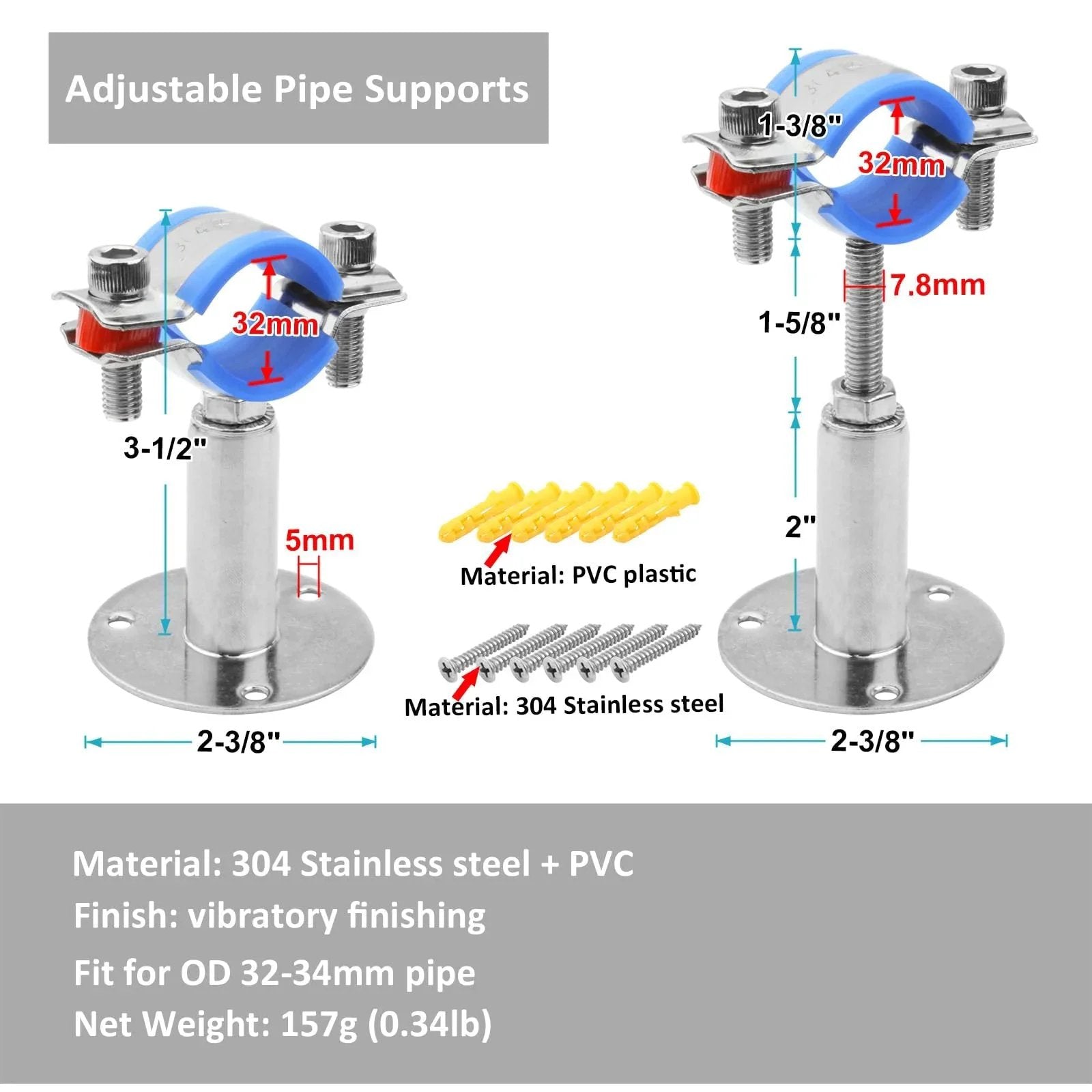 Close-up view of 4 Pack Heavy Duty Adjustable Pipe Bracket Clamp For NB 1 Inch Pipe In 304 Stainless Steel, Wall Or Ceiling Mount, Easy Install, Height Adjustable From 3 To 4.38 Inches, Silver Finish.