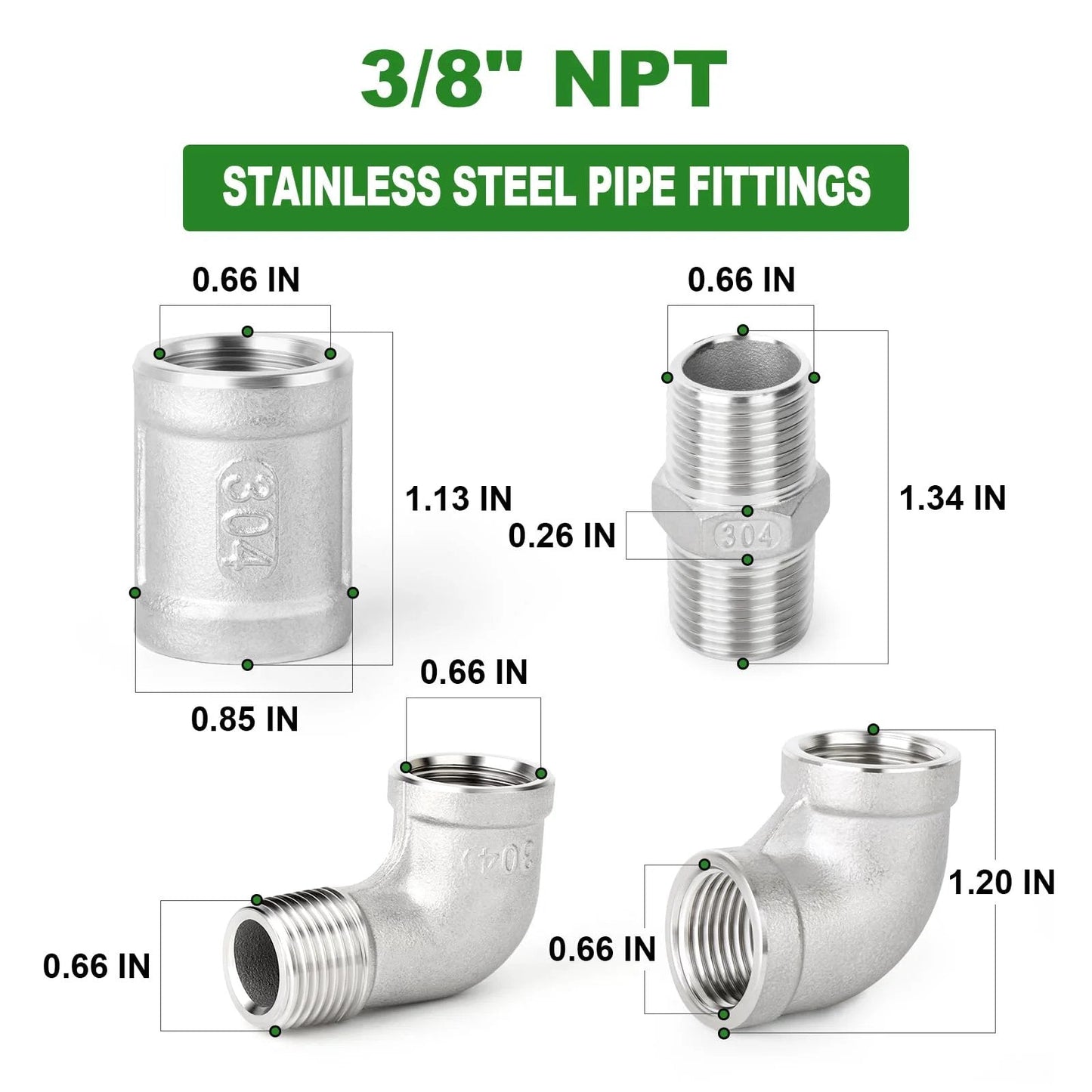 Heavy Duty 8-Piece 304 Stainless Steel Pipe Fitting Kit With 90 Degree Elbows, Hex Bushings, And 3/8 NPT Couplings