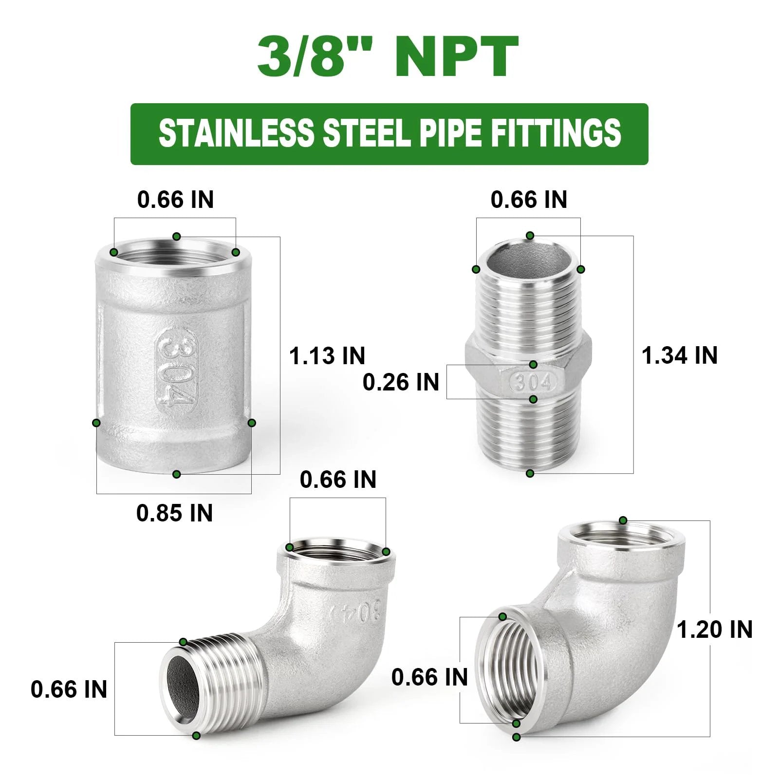 Heavy Duty 8-Piece 304 Stainless Steel Pipe Fitting Kit With 90 Degree Elbows, Hex Bushings, And 3/8 NPT Couplings
