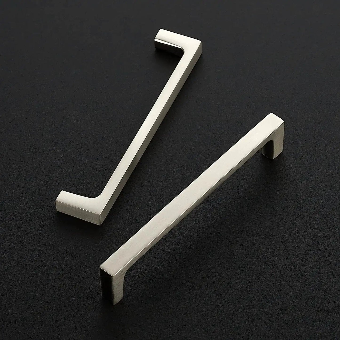 25 Pack Solid 5 Inch Square Kitchen Cabinet Handles in Brushed Nickel Pulls for Cabinets and Drawers on black background