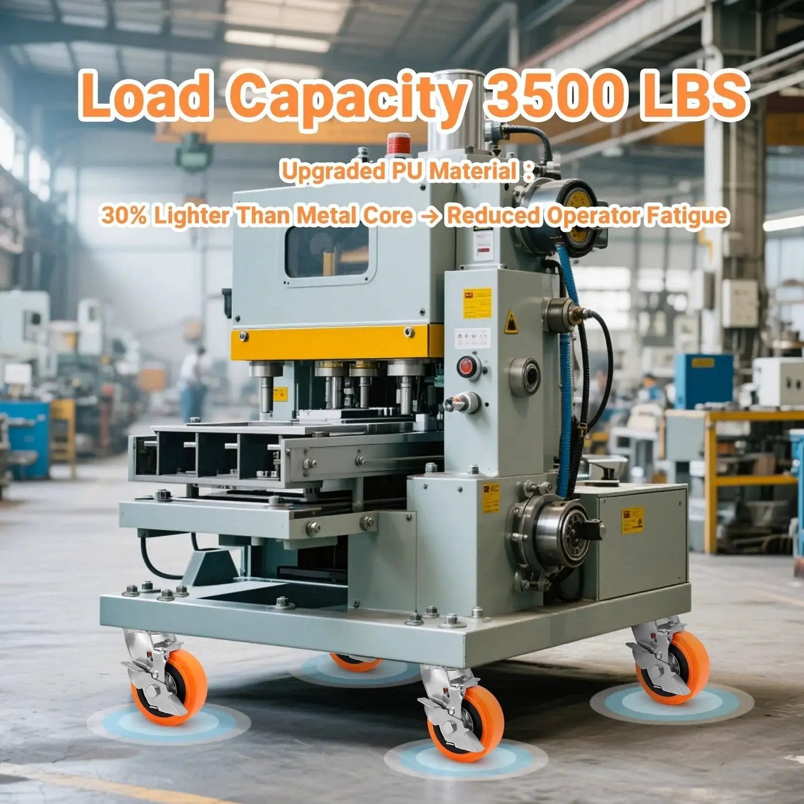 Industrial machine on heavy duty industrial casters with upgraded thickened bracket, 5-inch plate swivel caster set of 4, polyurethane wheels.