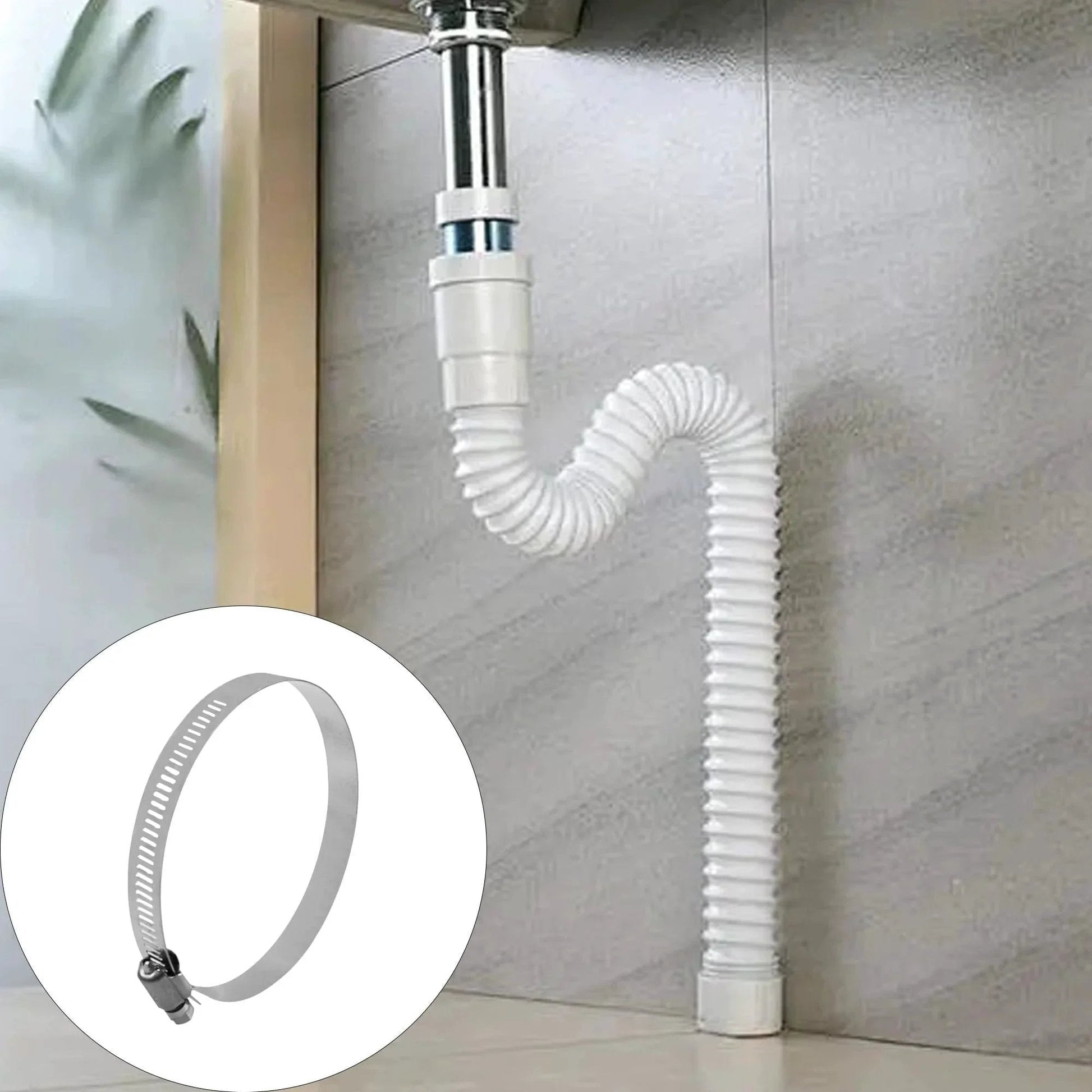 6 Pack Adjustable 3.5 Inch 304 Stainless Steel Hose Clamps Worm Gear Duct Clamp installed on white flexible pipe under sink