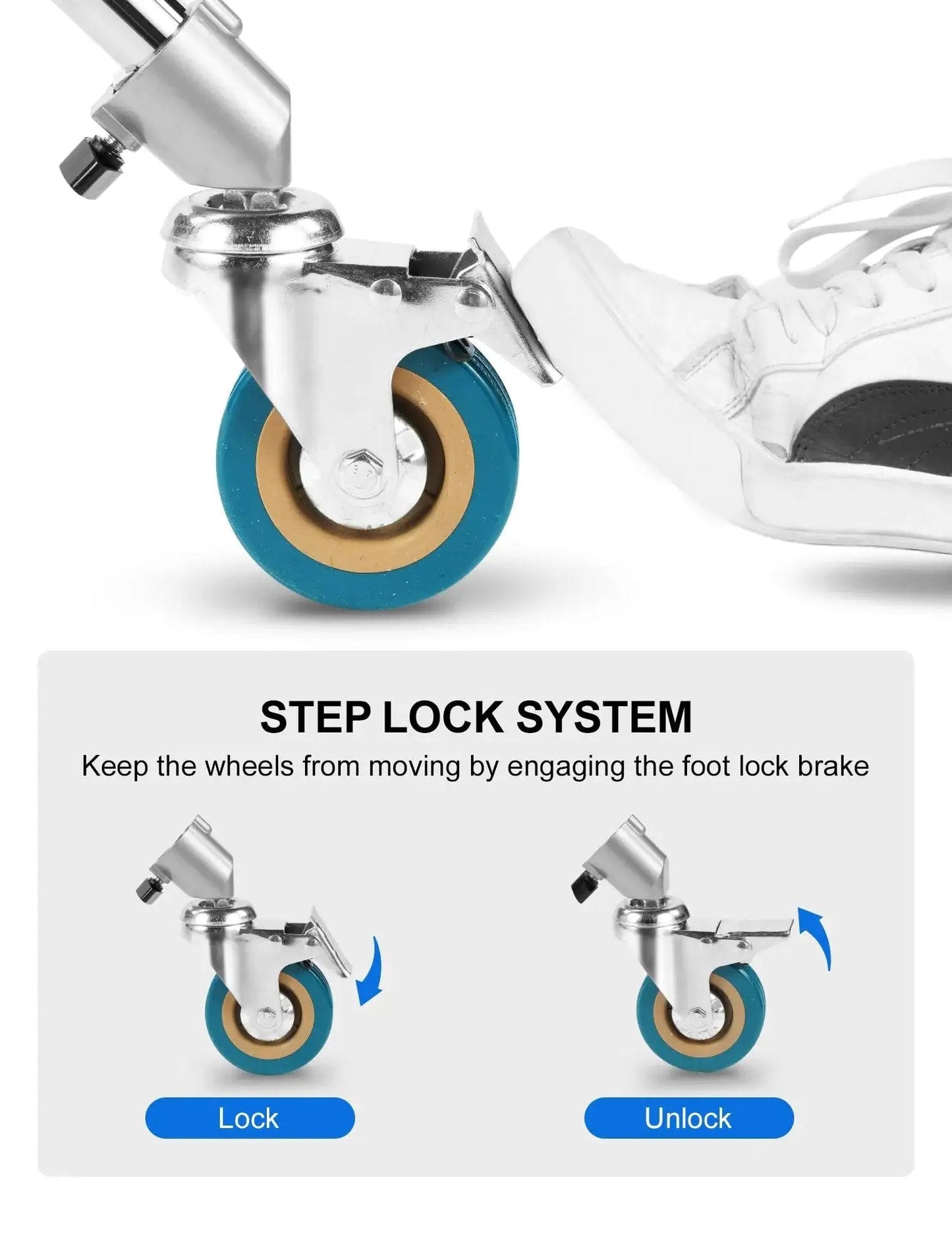 Step lock system for Professional Light Stand Wheels Set 0.9 Inch 22mm Diameter Swivel Casters With Rubber Wheels and Foot Brake
