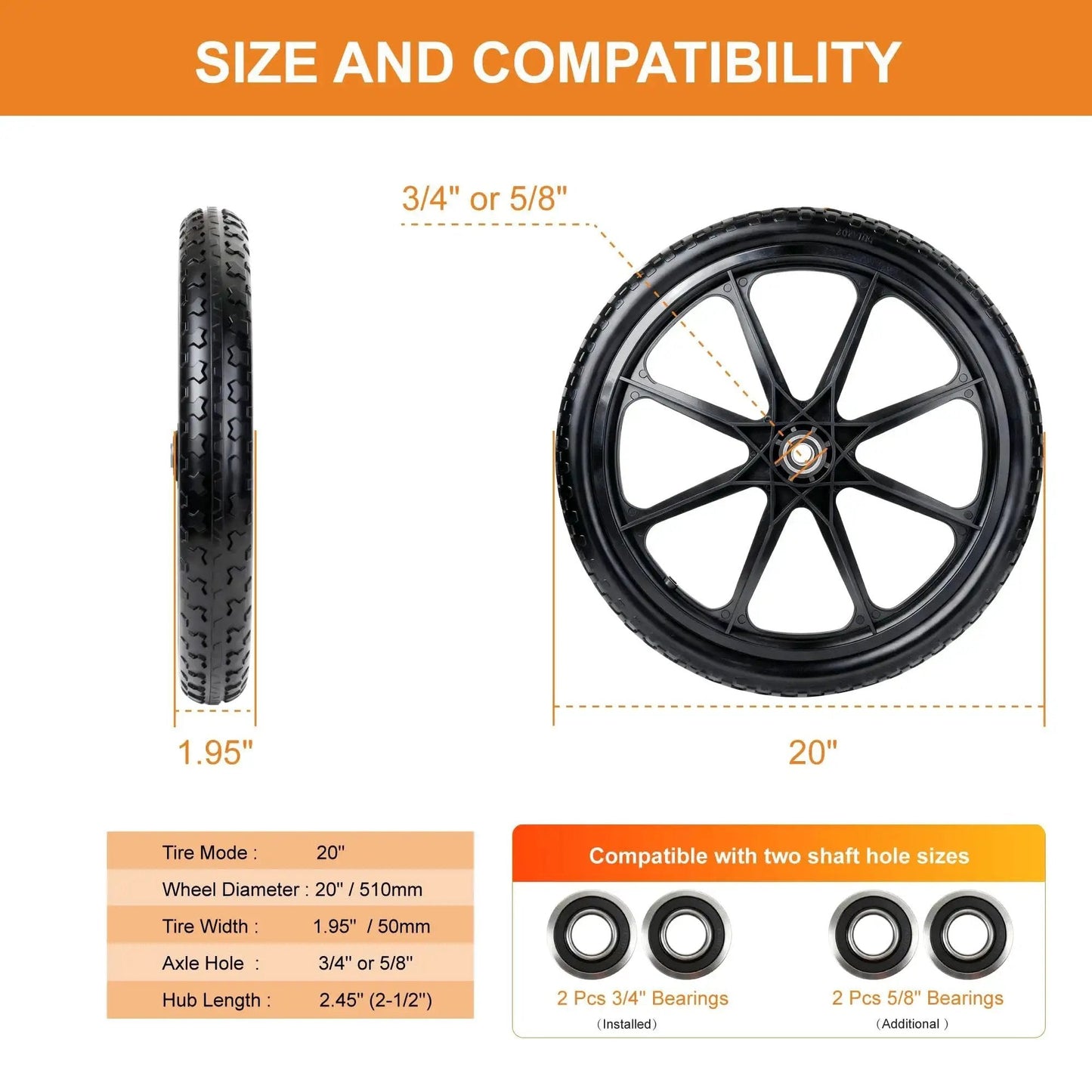 20 Inch Flat Free Wheel And Tire For Wheelbarrow And Garden Cart Replacement Pack Of 2, with size and bearing details displayed