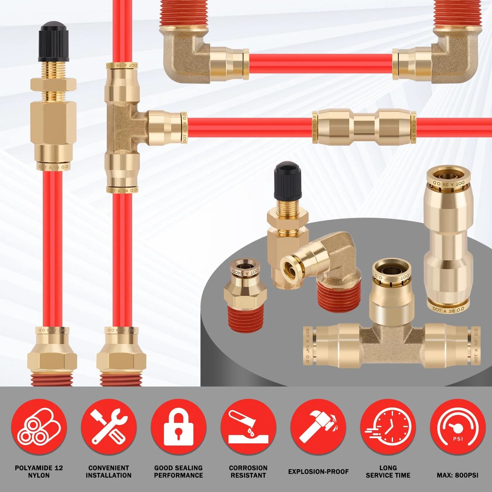 Brass DOT Air Line Fittings Kit With 100 Feet Of One Quarter Inch Red DOT Air Line Hose And 50 Feet Of Three Eighths Inch Hose Displayed