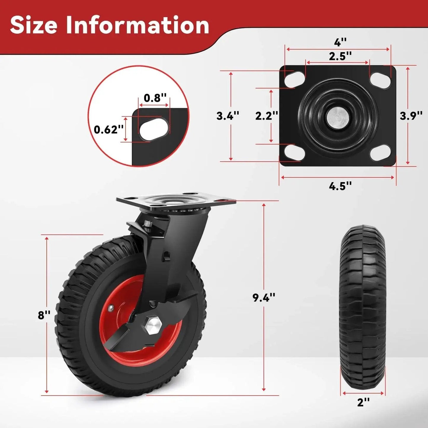 8 Inch Heavy Duty Rubber Casters With 2200 Lbs Load Capacity Set Of Four, side and top view with size information for industrial use.
