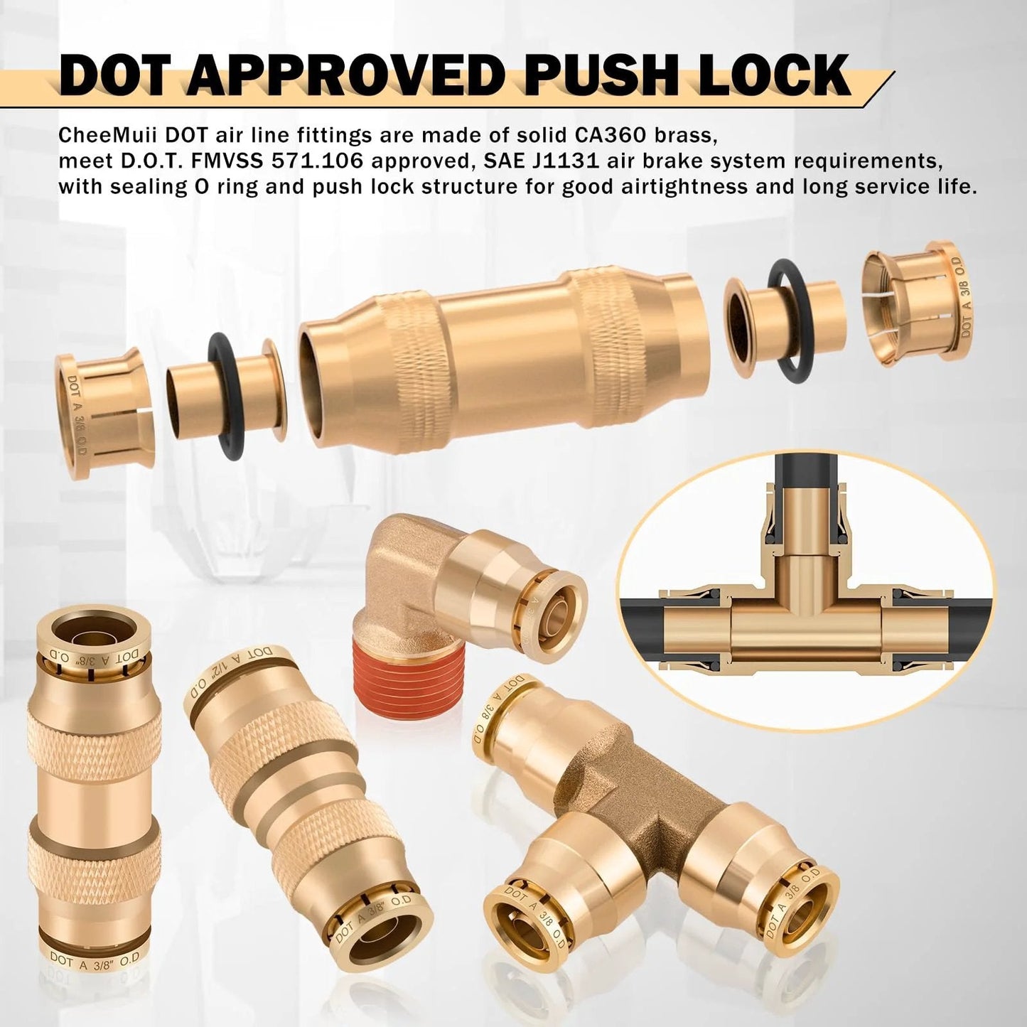 All In One DOT Air Line Fittings Kit With 112 Brass Quick Connects And 300 Ft Of Air Lines displayed with connectors and fittings