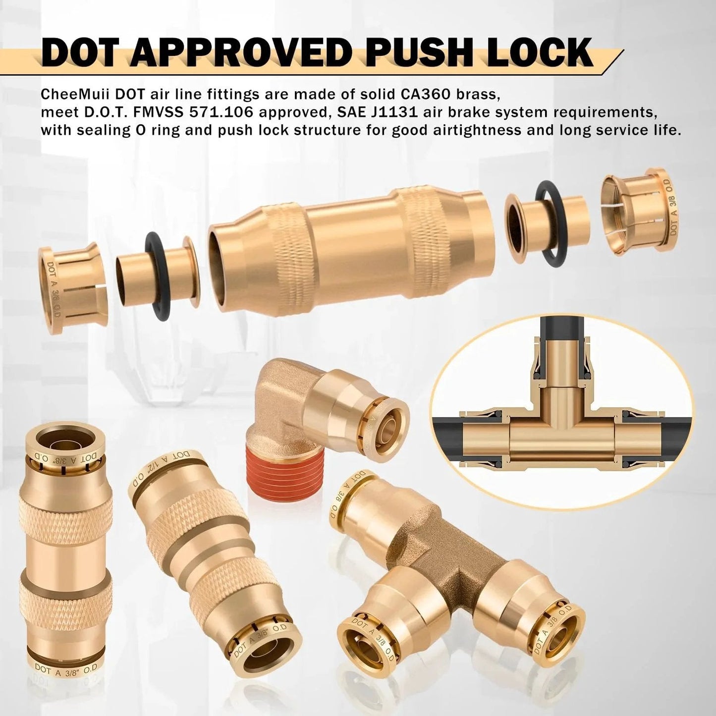 Durable DOT Air Line Kit With Brass Push Lock Fittings And Tubing One Hundred Pieces Pack Includes Fifty Feet Each Of One Half, Three Eighths, And One Quarter Inch Lines, Brass Tee And Unions, Ninety Degree Elbows And Quick Connect Air Fittings.