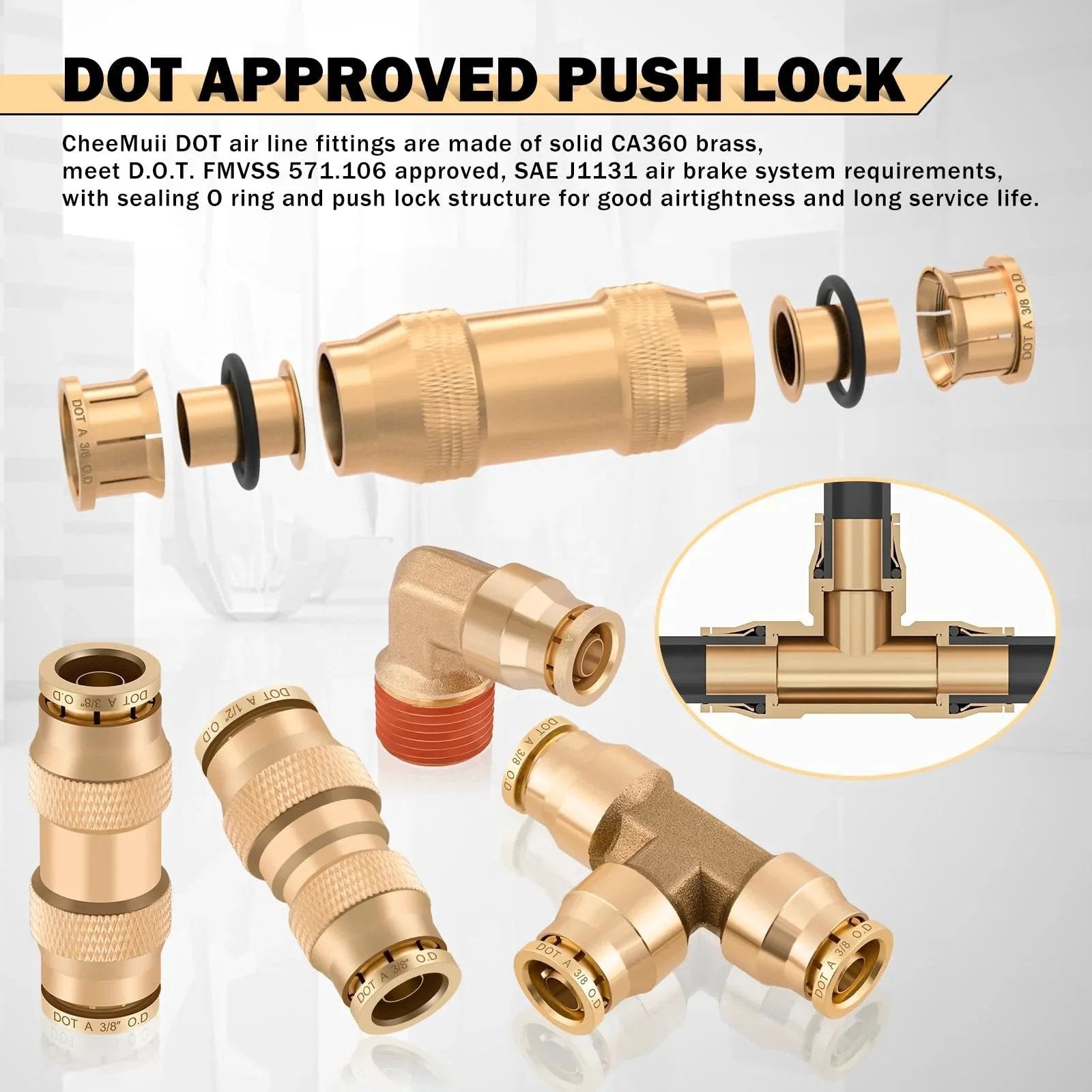 Durable DOT Air Line Kit With Brass Push Lock Fittings And Tubing One Hundred Pieces Pack Includes Fifty Feet Each Of One Half, Three Eighths, And One Quarter Inch Lines, Brass Tee And Unions, Ninety Degree Elbows And Quick Connect Air Fittings.